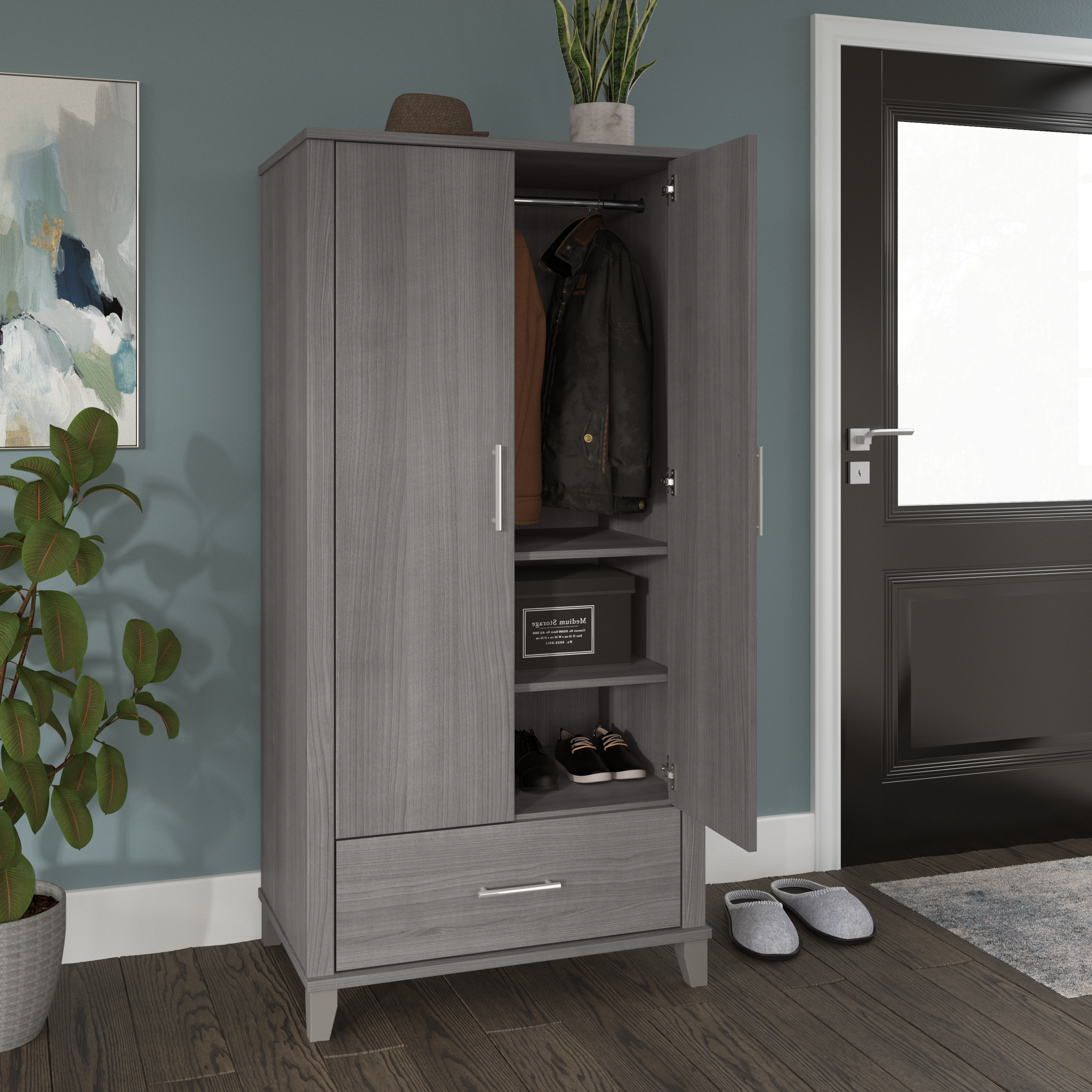 Shop Bush Furniture Somerset Tall Entryway Cabinet with Doors and Drawer 03 STS166PGK-Z1 #color_platinum gray