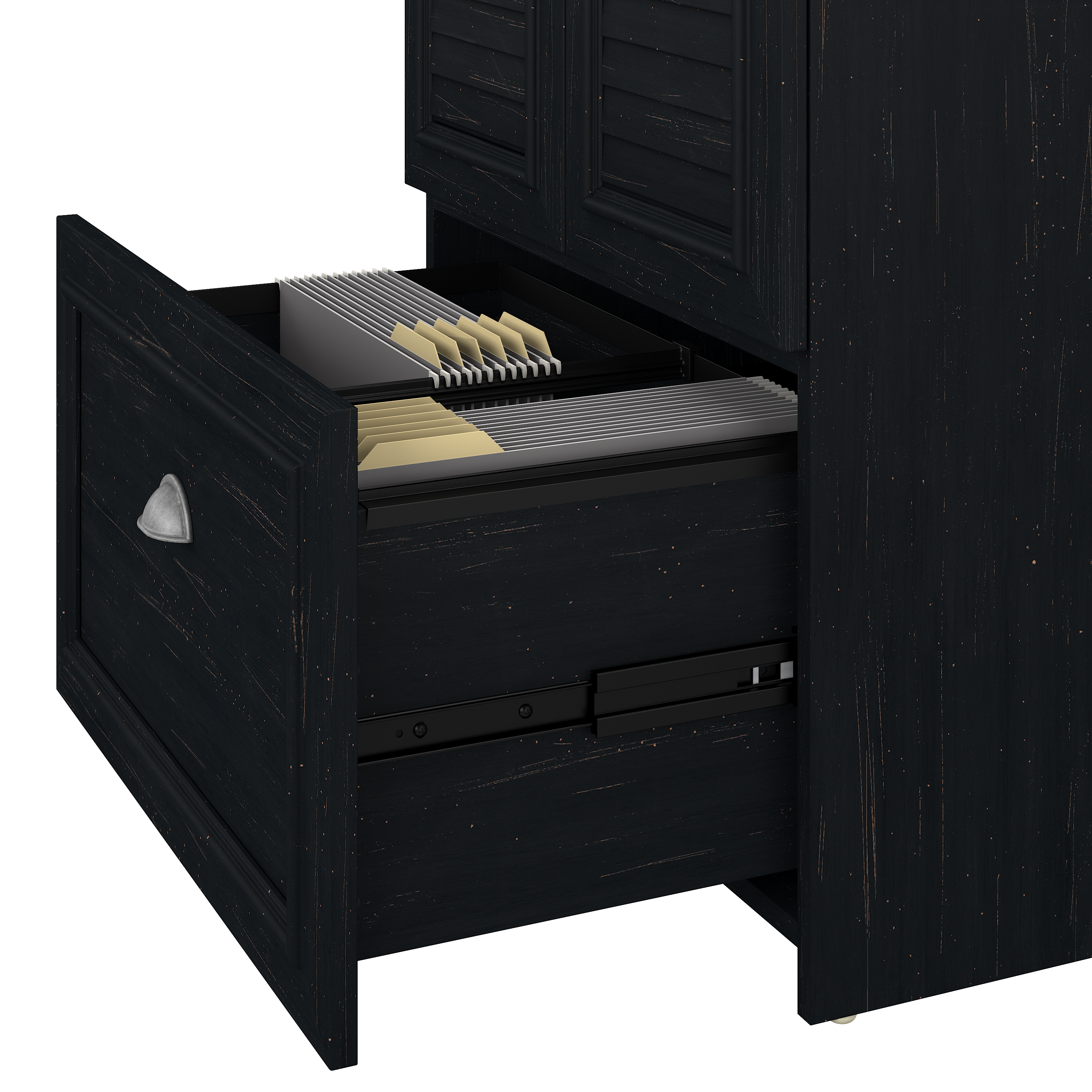 Shop Bush Furniture Fairview 60W L Shaped Desk and 2 Door Storage Cabinet with File Drawer 08 FV009AB #color_antique black/hansen cherry