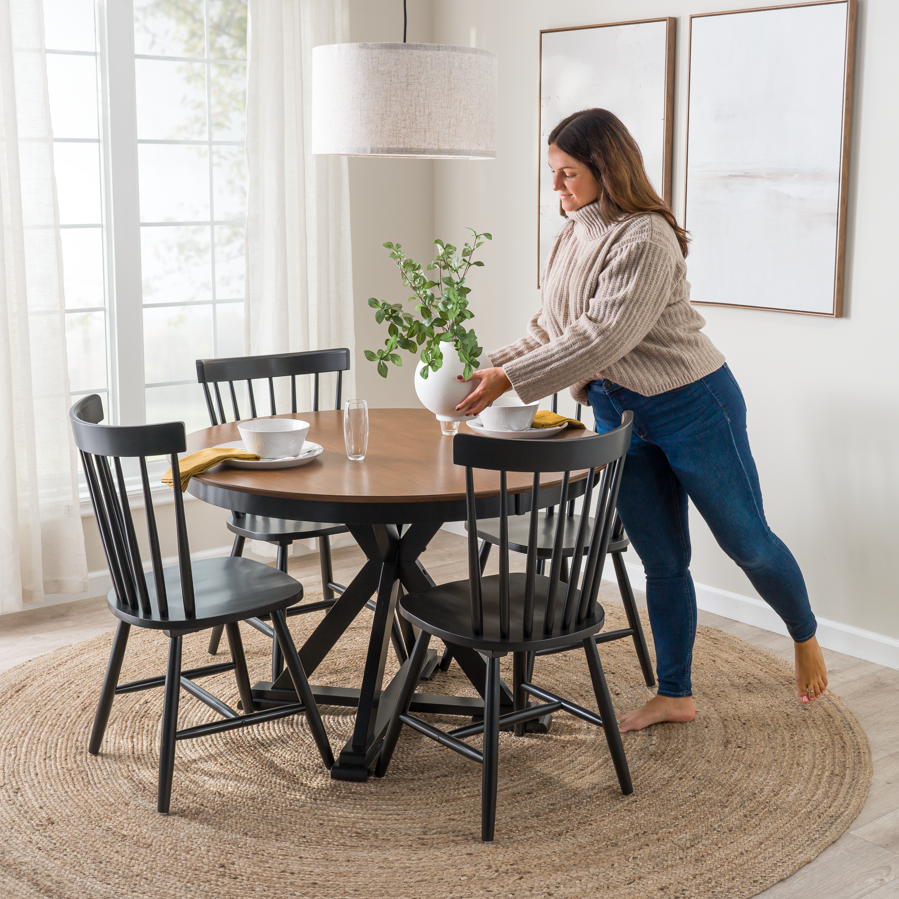 Shop Bush Furniture West End 45W Round Trestle Dining Table with 4 High Back Spindle Dining Chairs 03 WEN001BMB #color_burnished medium brown/black paint