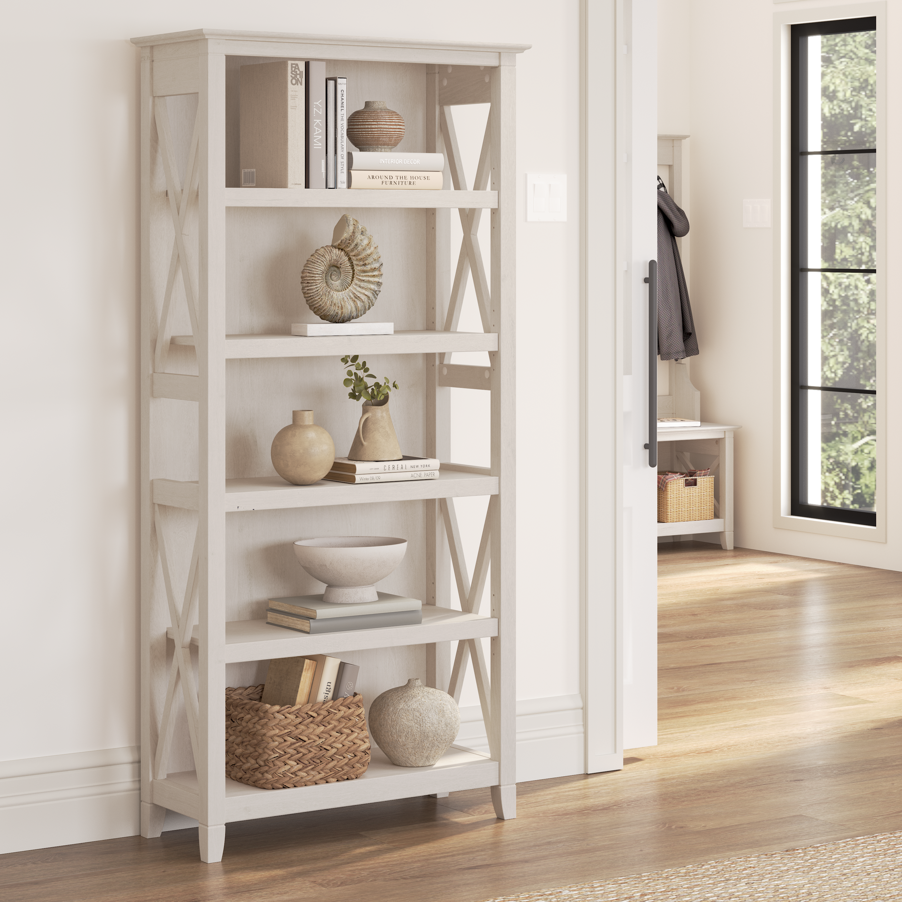 Shop Bush Furniture Key West Tall 5 Shelf Bookcase 01 KWB132LW-03 #color_linen white oak