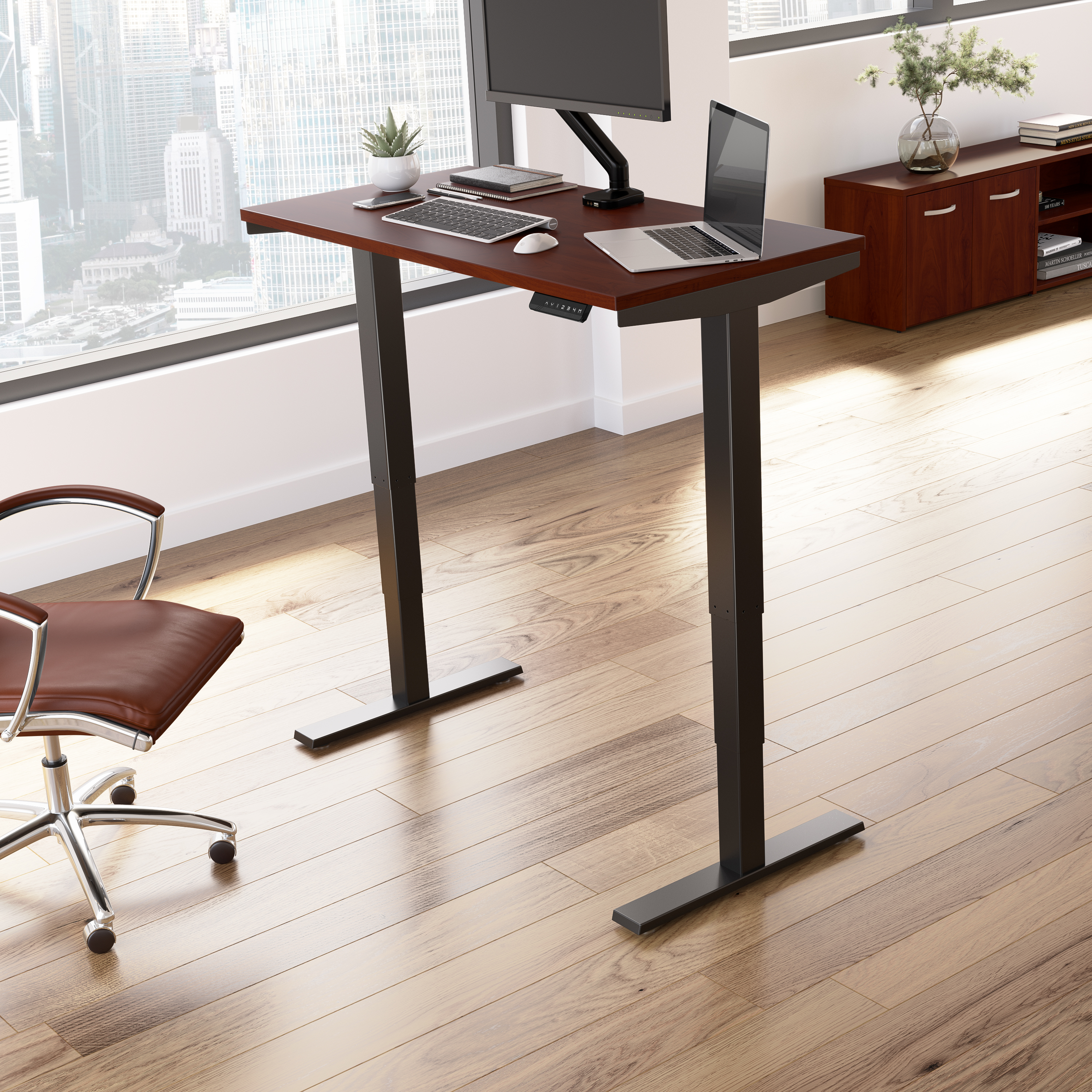 Shop Move 40 Series by Bush Business Furniture 48W x 24D Electric Height Adjustable Standing Desk 01 M4S4824HCBK #color_hansen cherry/black powder coat