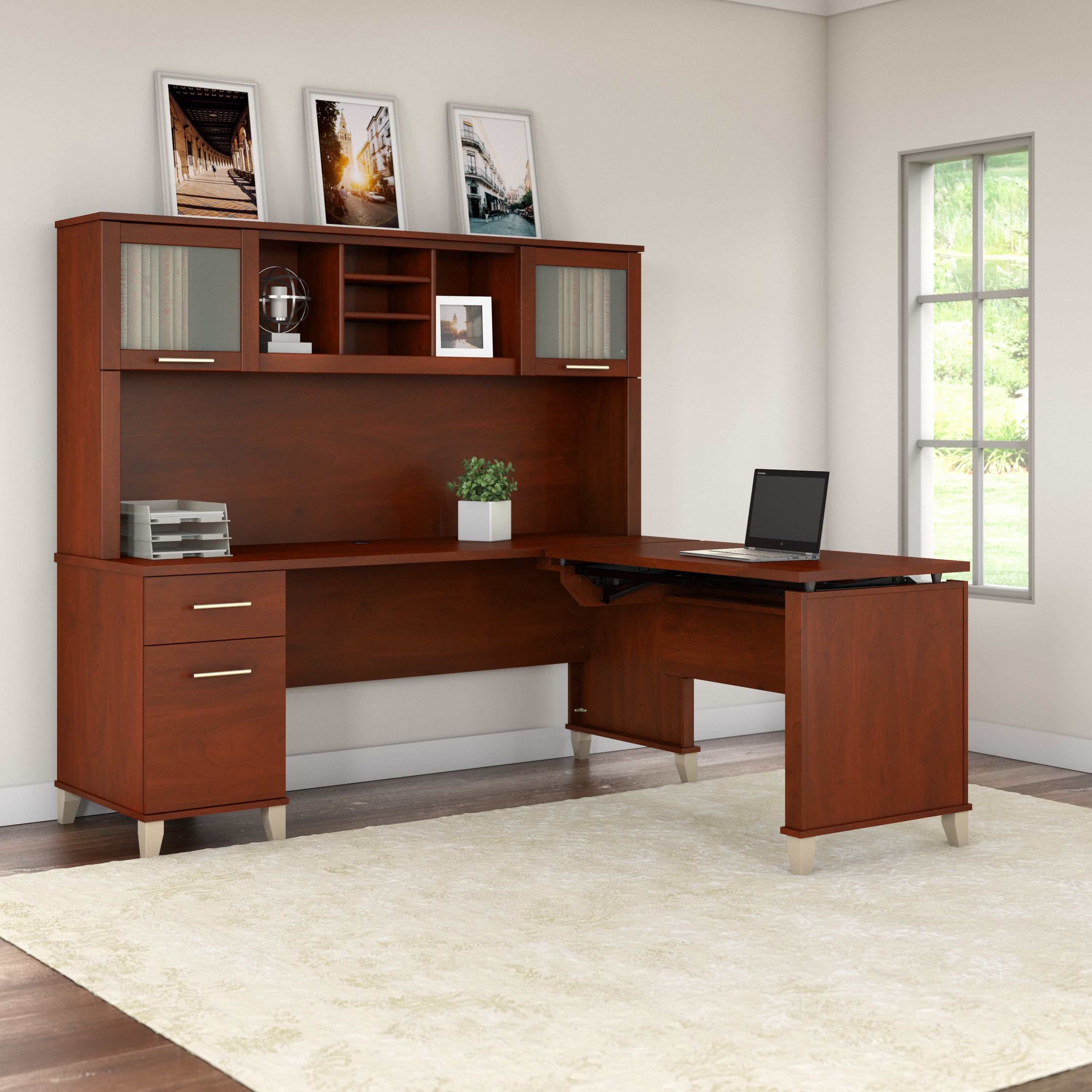 Shop Bush Furniture Somerset 72W 3 Position Sit to Stand L Shaped Desk with Hutch 03 SET015HC #color_hansen cherry