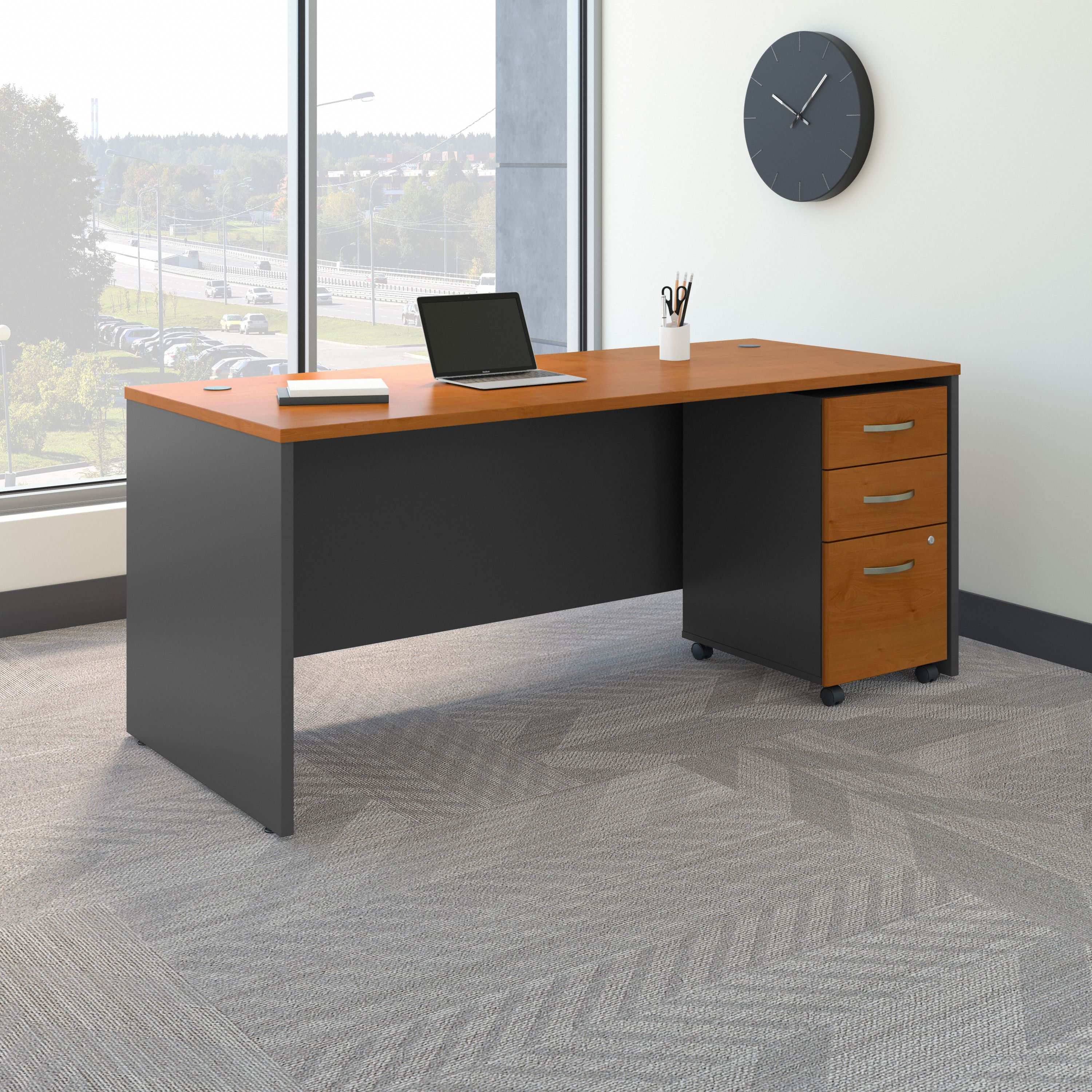Shop Bush Business Furniture Series C 72W x 30D Office Desk with Mobile File Cabinet 01 SRC113NCSU #color_natural cherry/graphite gray