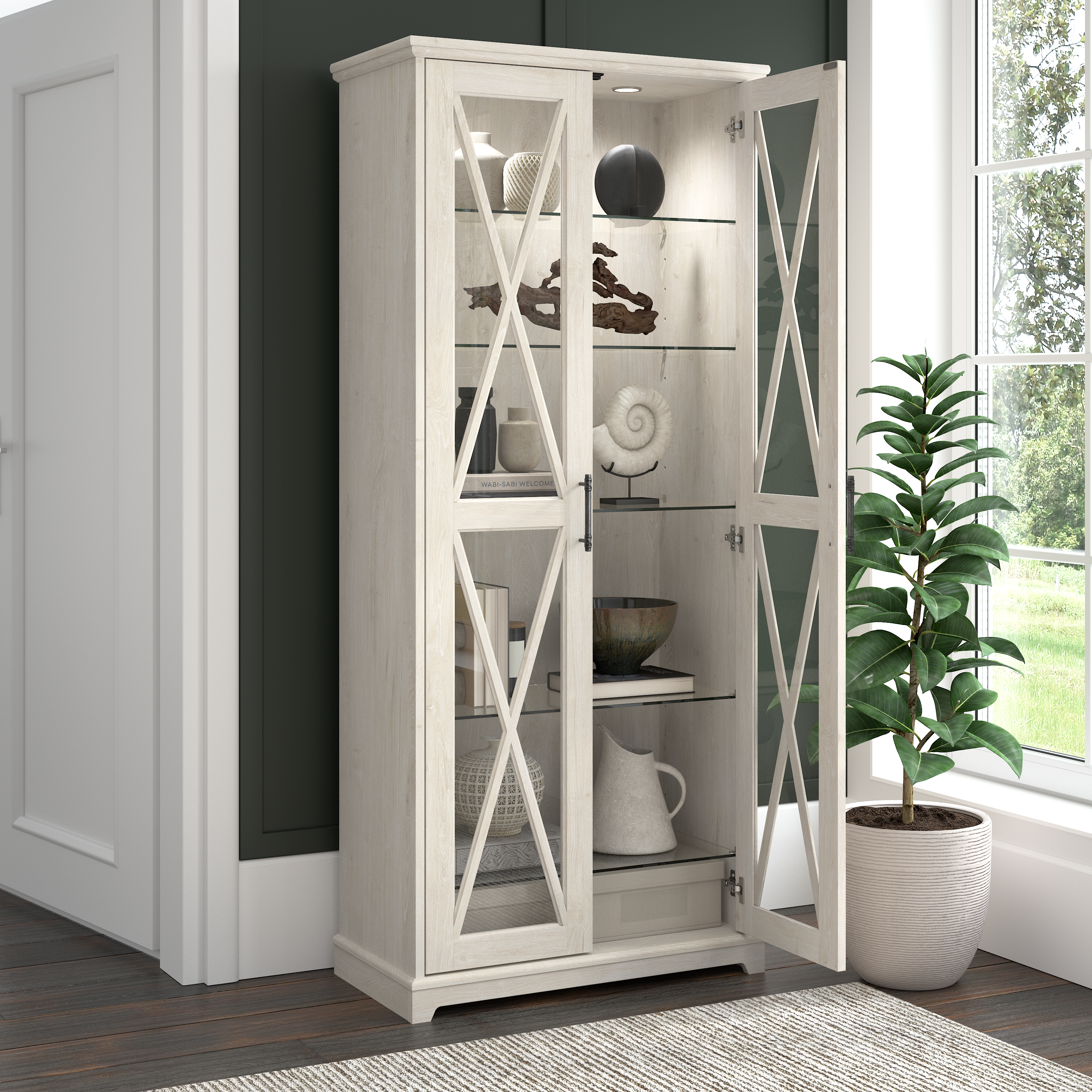 Shop Bush Furniture Lennox Farmhouse Curio Cabinet with Glass Doors and Shelves 03 LES232LW-03K #color_linen white oak