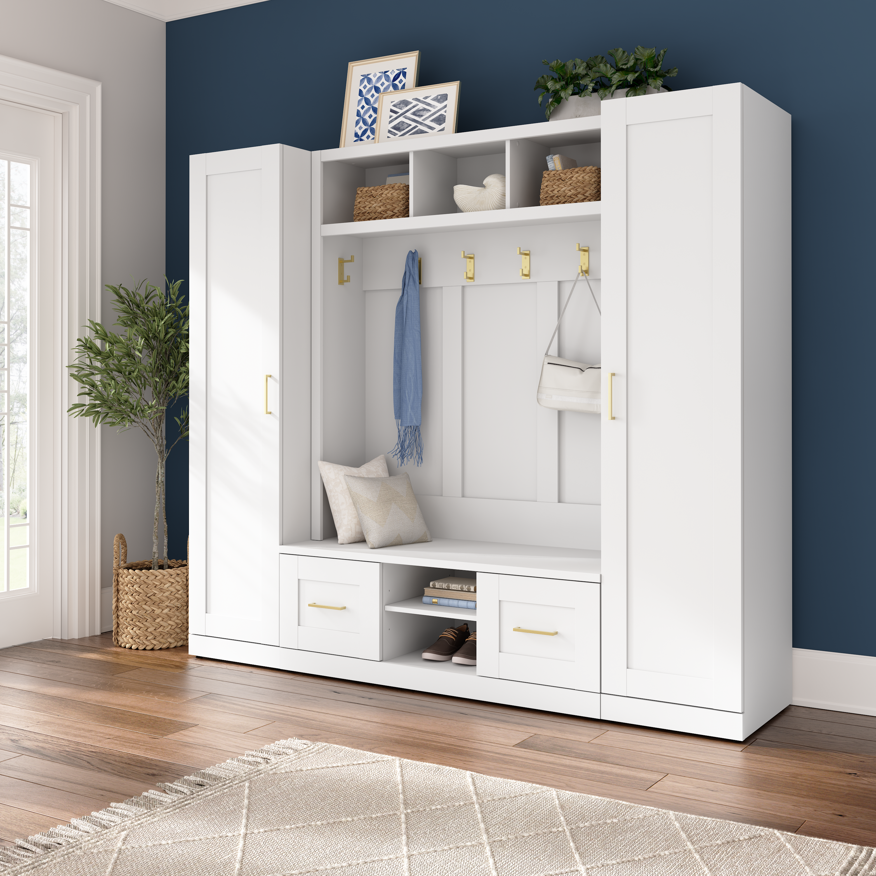 Shop Bush Furniture Hampton Heights Entryway Storage Set with 48W Hall Tree and Shoe Bench with Doors 05 HHS004WH #color_white