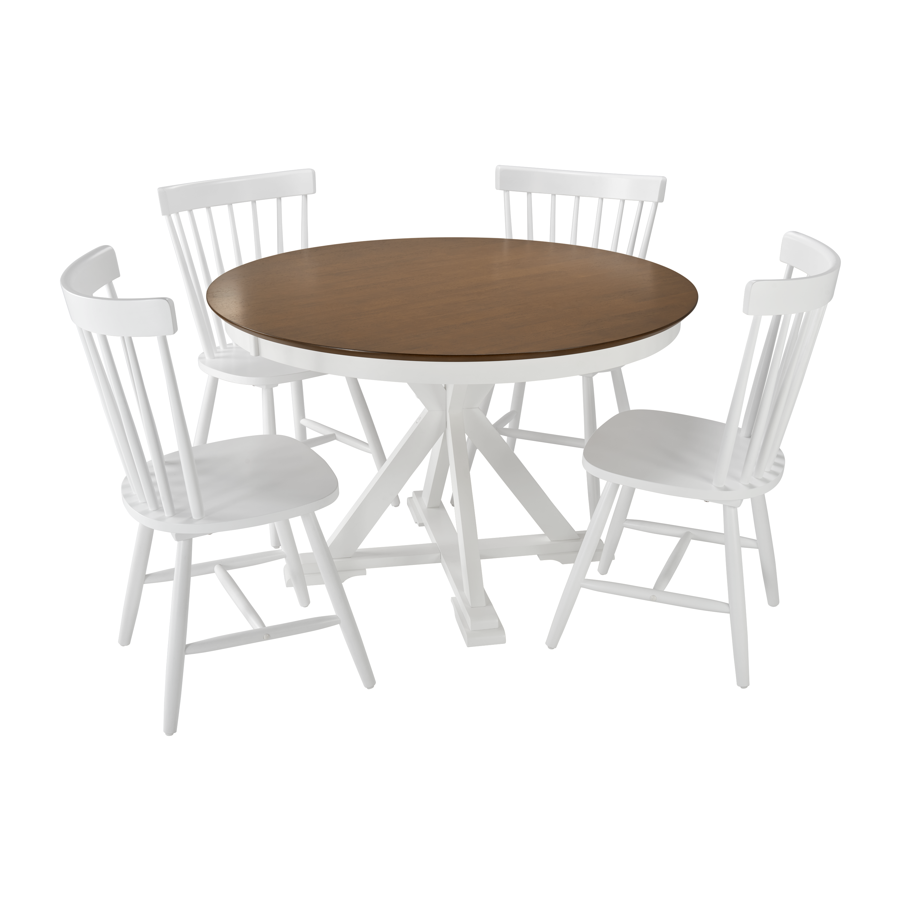 Shop Bush Furniture West End 45W Round Trestle Dining Table with 4 High Back Spindle Dining Chairs 02 WEN001BMW #color_burnished medium brown/white paint