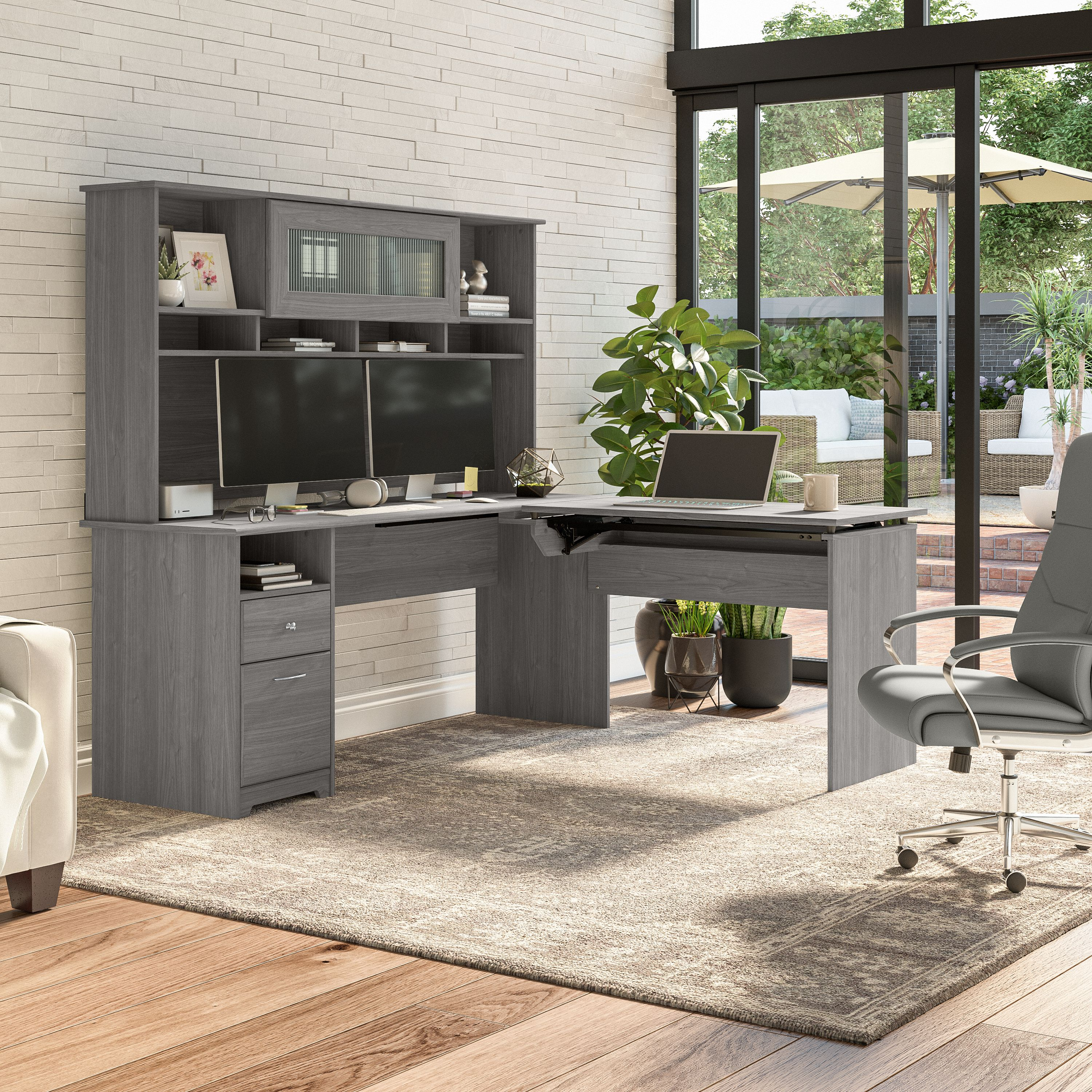 Shop Bush Furniture Cabot 72W 3 Position Sit to Stand L Shaped Desk with Hutch 03 CAB052MG #color_modern gray