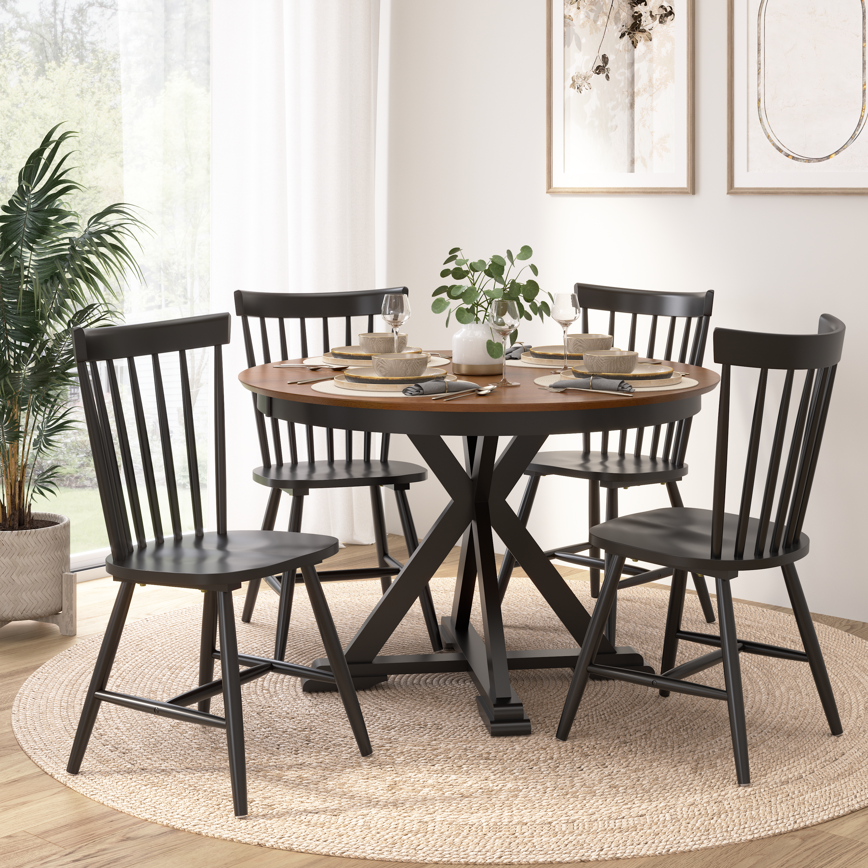 Shop Bush Furniture West End 45W Round Trestle Dining Table with 4 High Back Spindle Dining Chairs 01 WEN001BMB #color_burnished medium brown/black paint