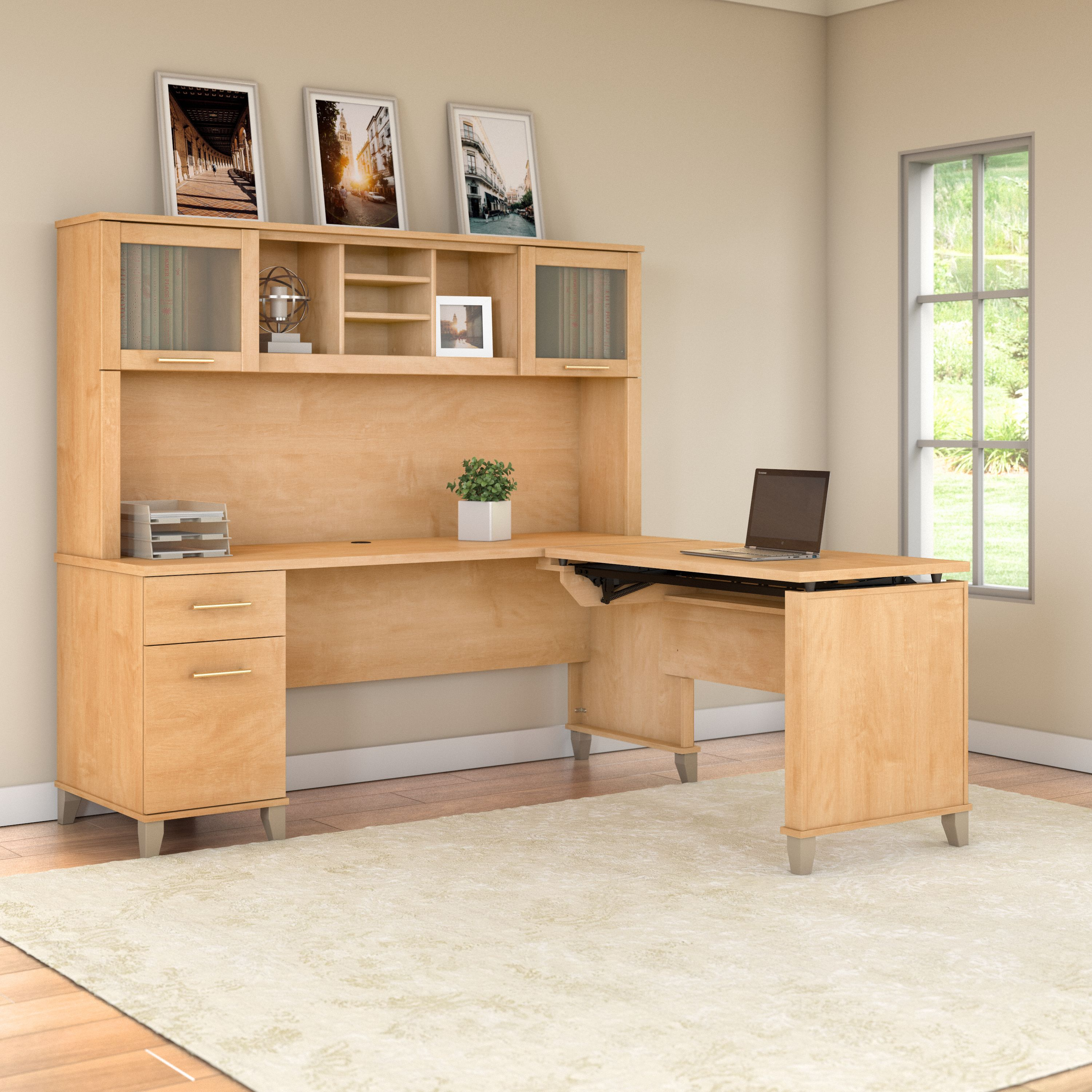 Shop Bush Furniture Somerset 72W 3 Position Sit to Stand L Shaped Desk with Hutch 03 SET015MC #color_maple cross