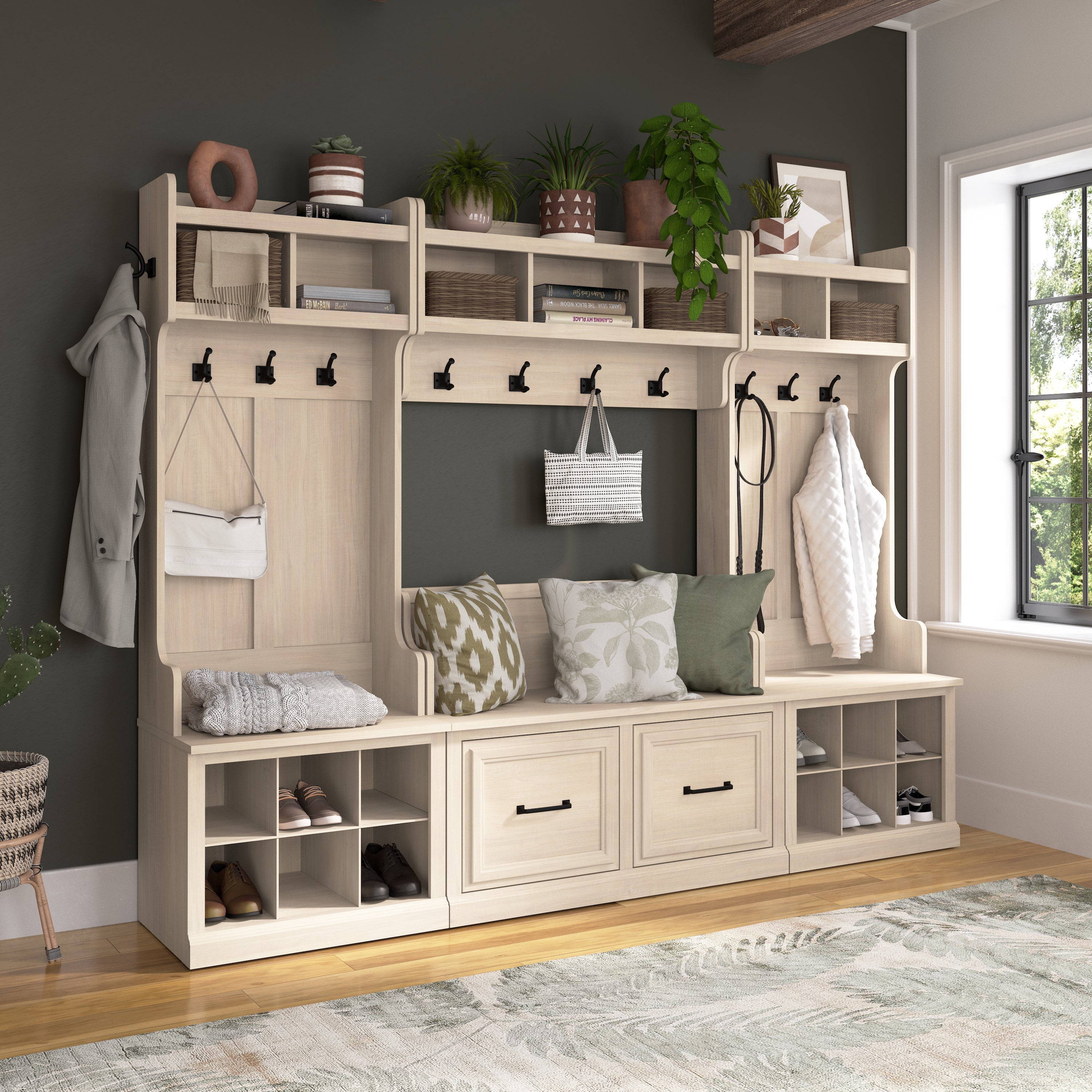 Shop Bush Furniture Woodland Entryway Storage Set with Hall Trees and Shoe Bench with Doors 05 WDL011WM #color_white washed maple