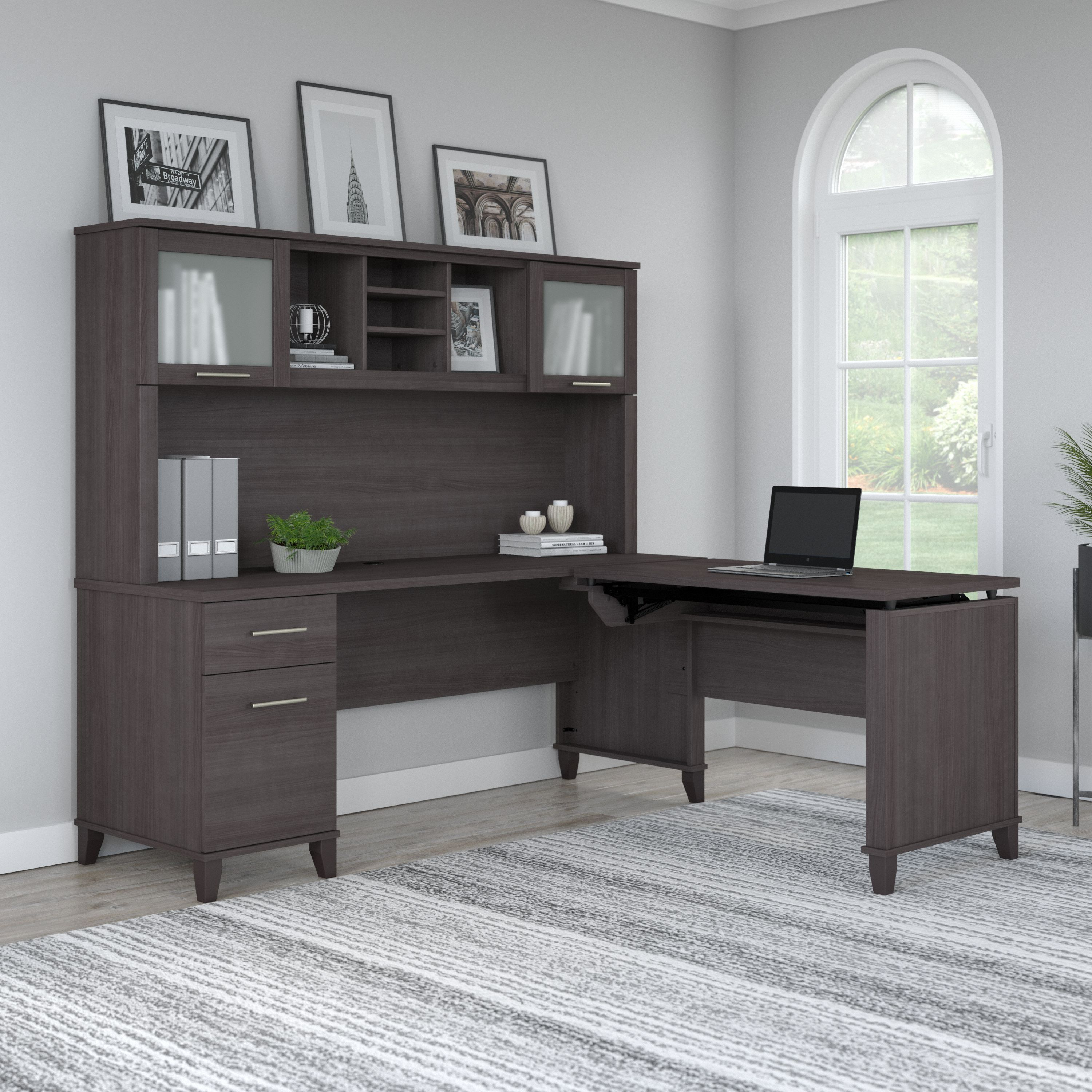 Shop Bush Furniture Somerset 72W 3 Position Sit to Stand L Shaped Desk with Hutch 03 SET015SG #color_storm gray