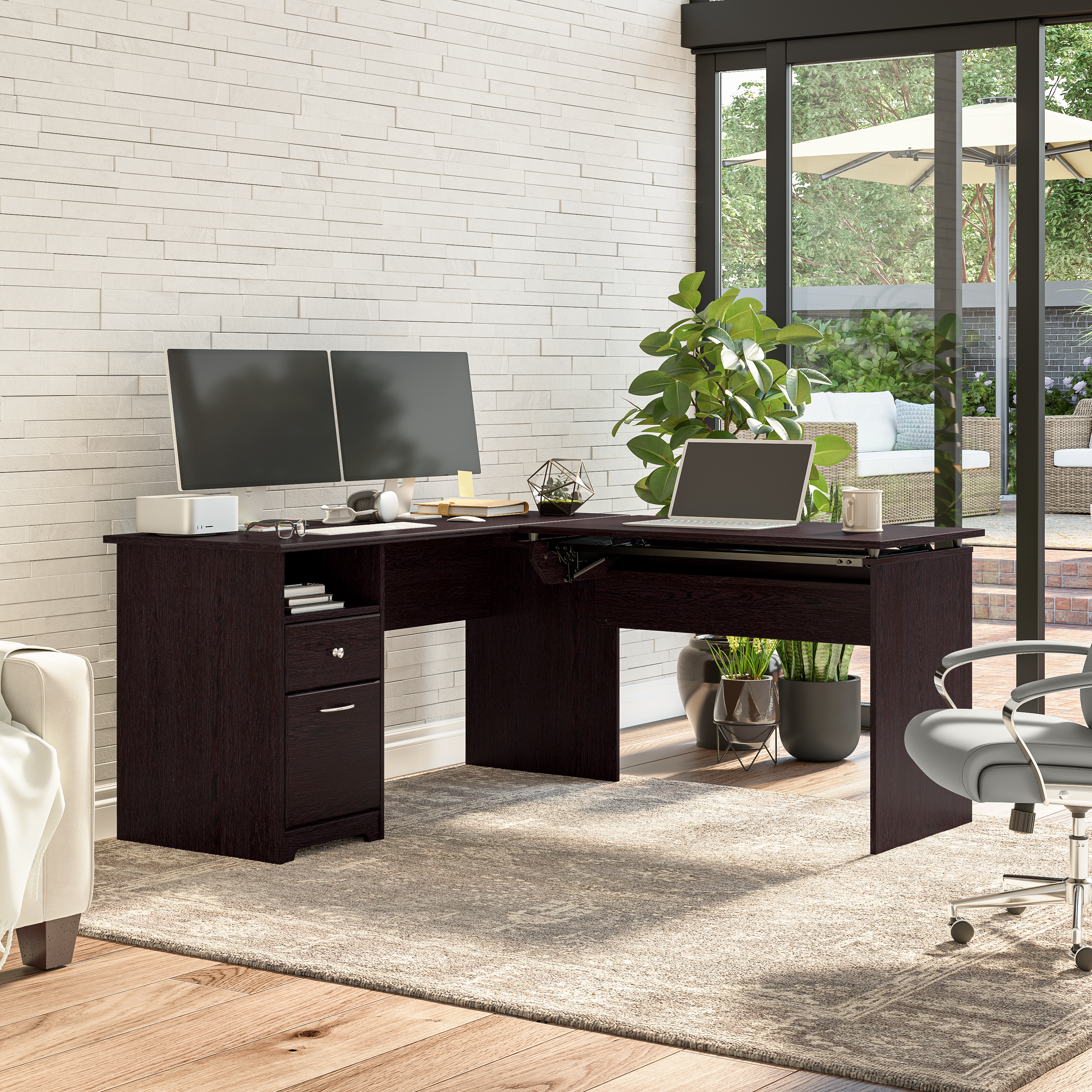 Shop Bush Furniture Cabot 60W 3 Position Sit to Stand L Shaped Desk 03 CAB043EPO #color_espresso oak