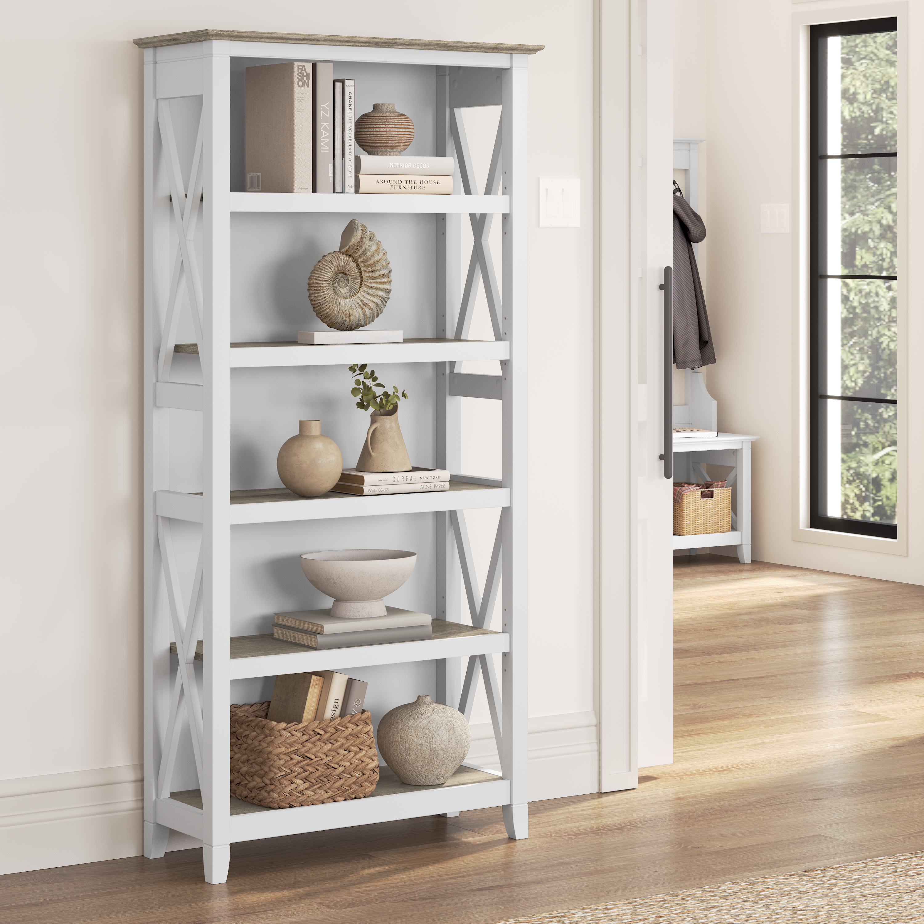 Shop Bush Furniture Key West Tall 5 Shelf Bookcase 01 KWB132G2W-03 #color_shiplap gray/pure white