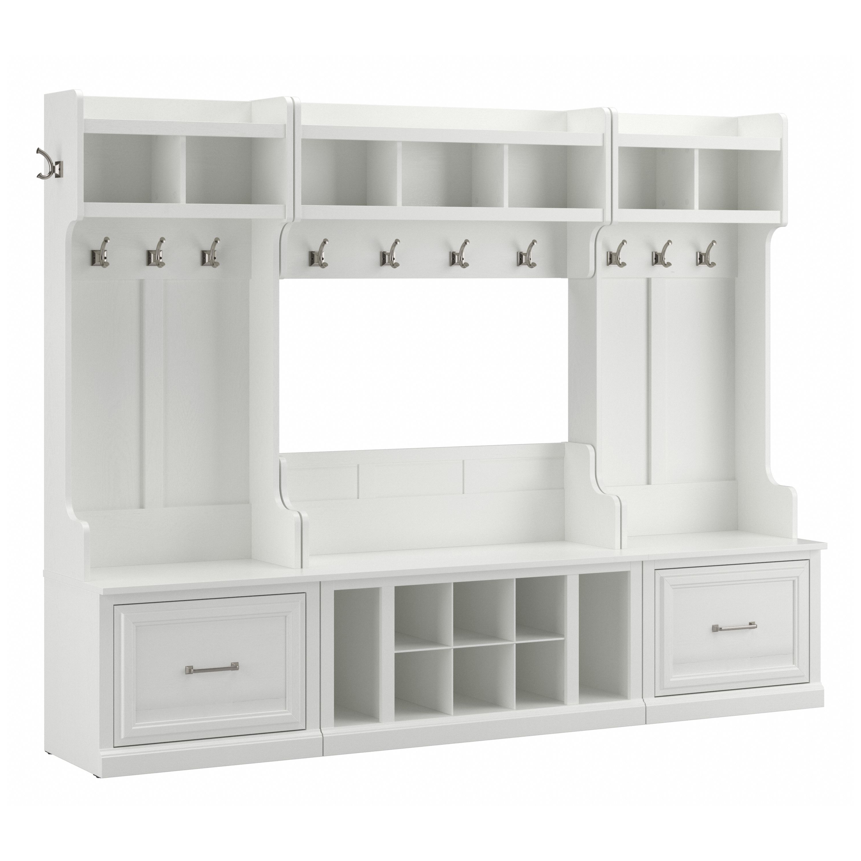 Shop Bush Furniture Woodland Full Entryway Storage Set with Coat Rack and Shoe Bench with Drawers 02 WDL014WAS #color_white ash