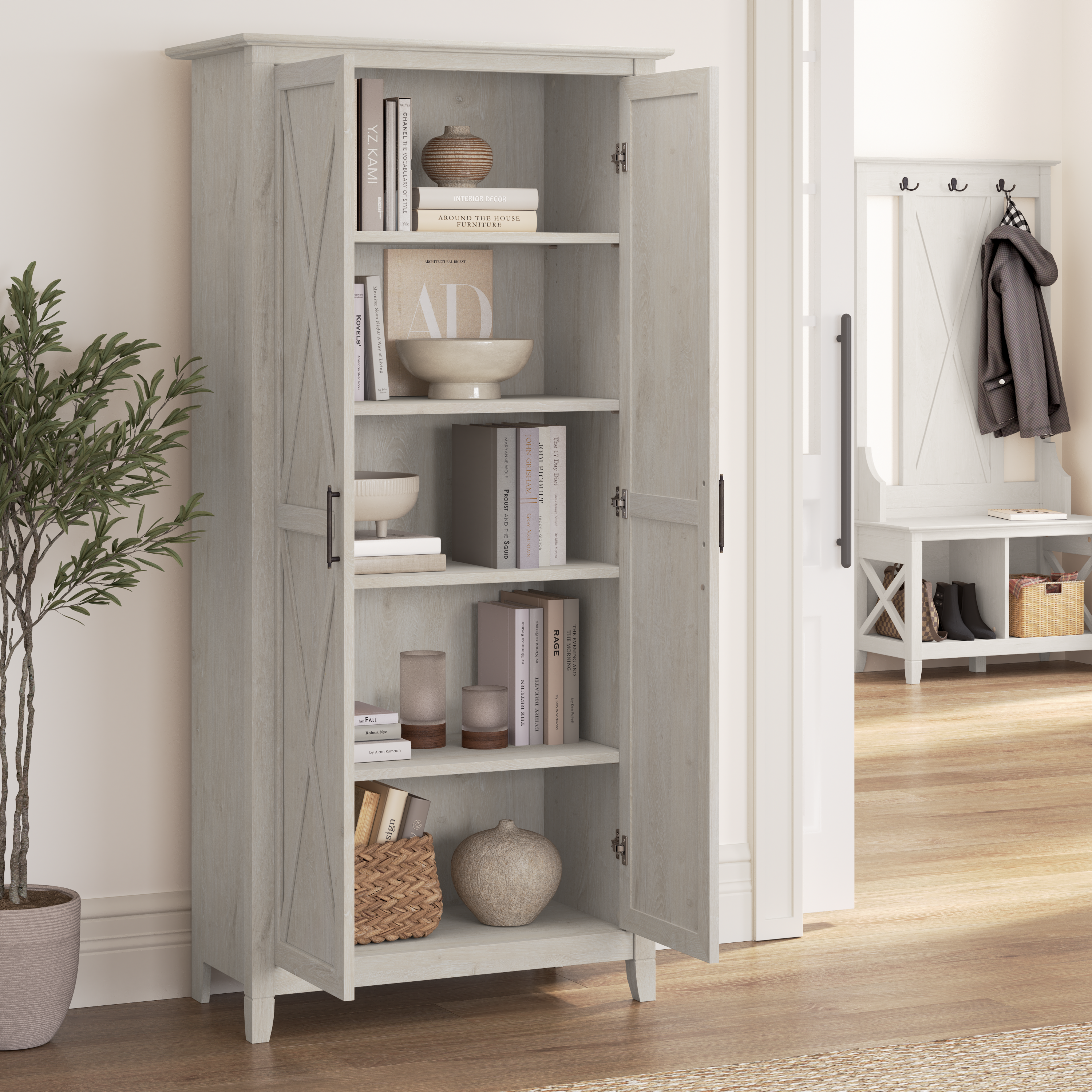 Shop Bush Furniture Key West Tall Storage Cabinet with Doors and Shelves 06 KWS266LW-03 #color_linen white oak