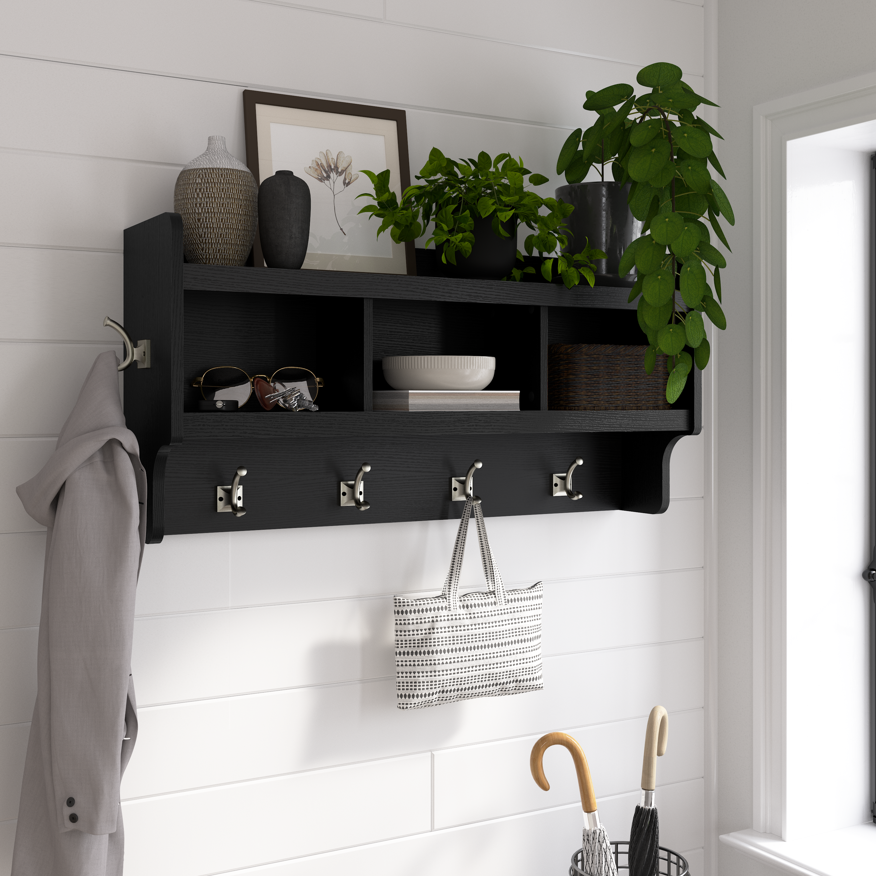 Shop Bush Furniture Woodland 40W Wall Mounted Coat Rack with Shelf 01 WDH340BS-03 #color_black suede oak