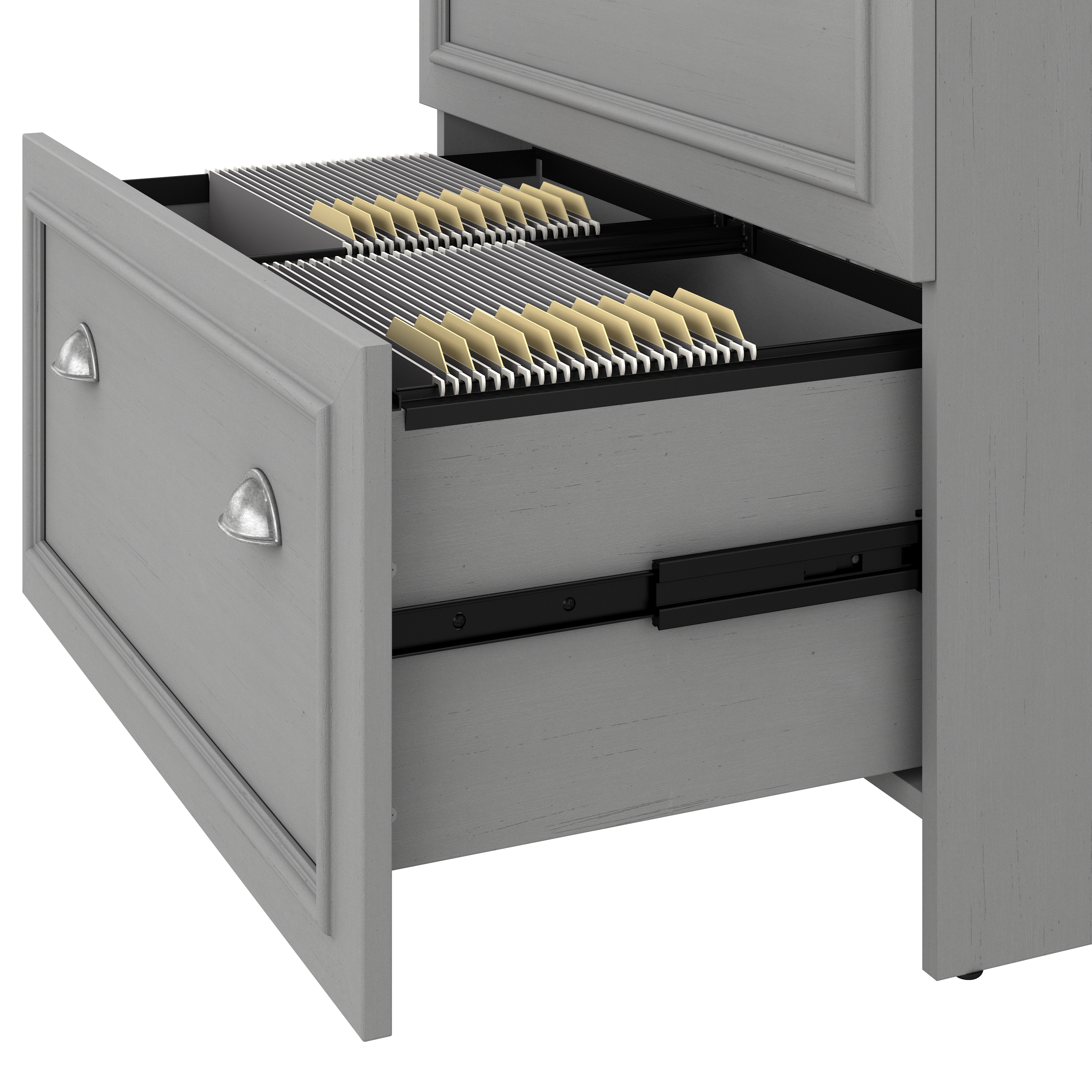 Shop Bush Furniture Fairview 60W L Shaped Desk with Hutch, Lateral File Cabinet and 5 Shelf Bookcase 08 FV006CG #color_cape cod gray