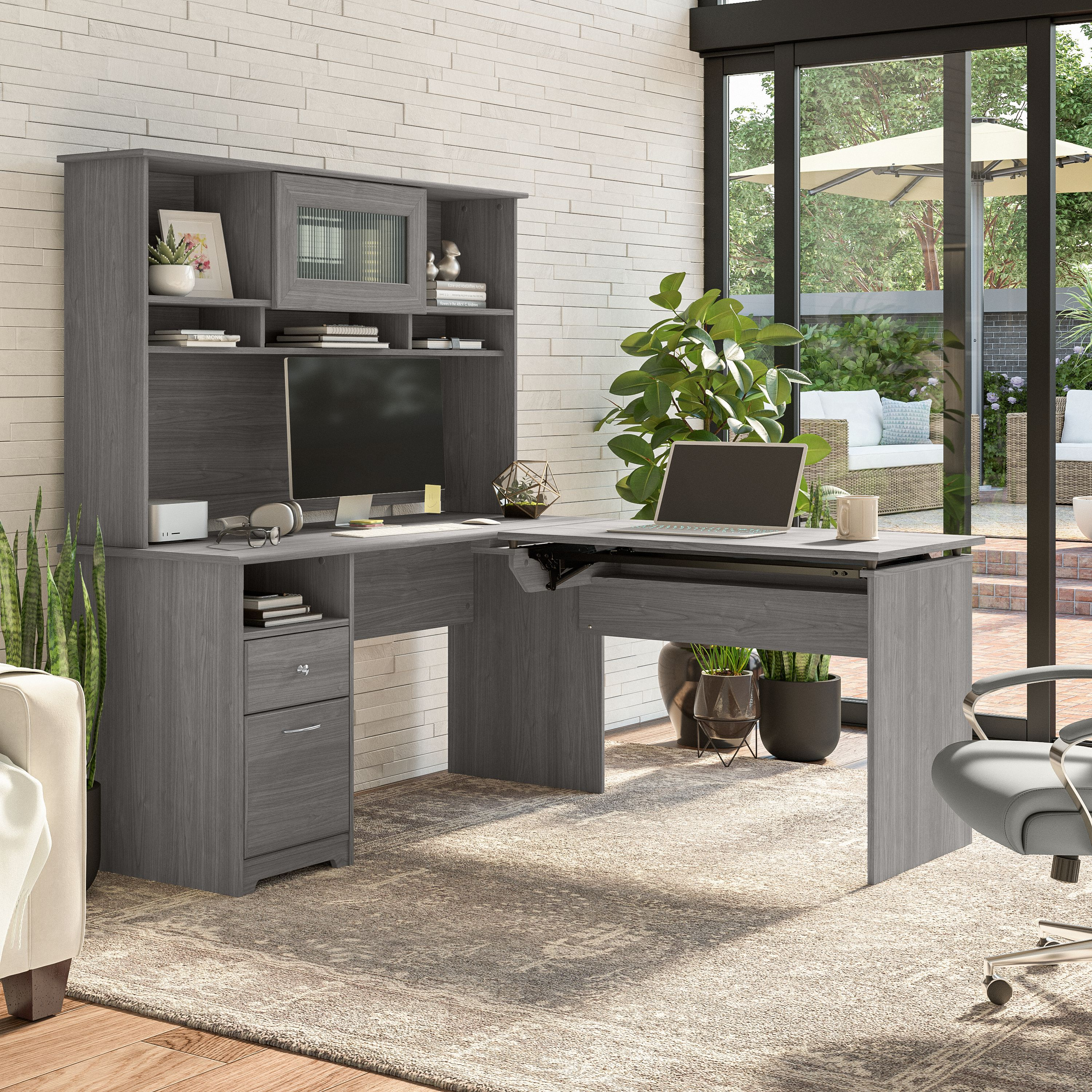 Shop Bush Furniture Cabot 60W 3 Position Sit to Stand L Shaped Desk with Hutch 03 CAB045MG #color_modern gray