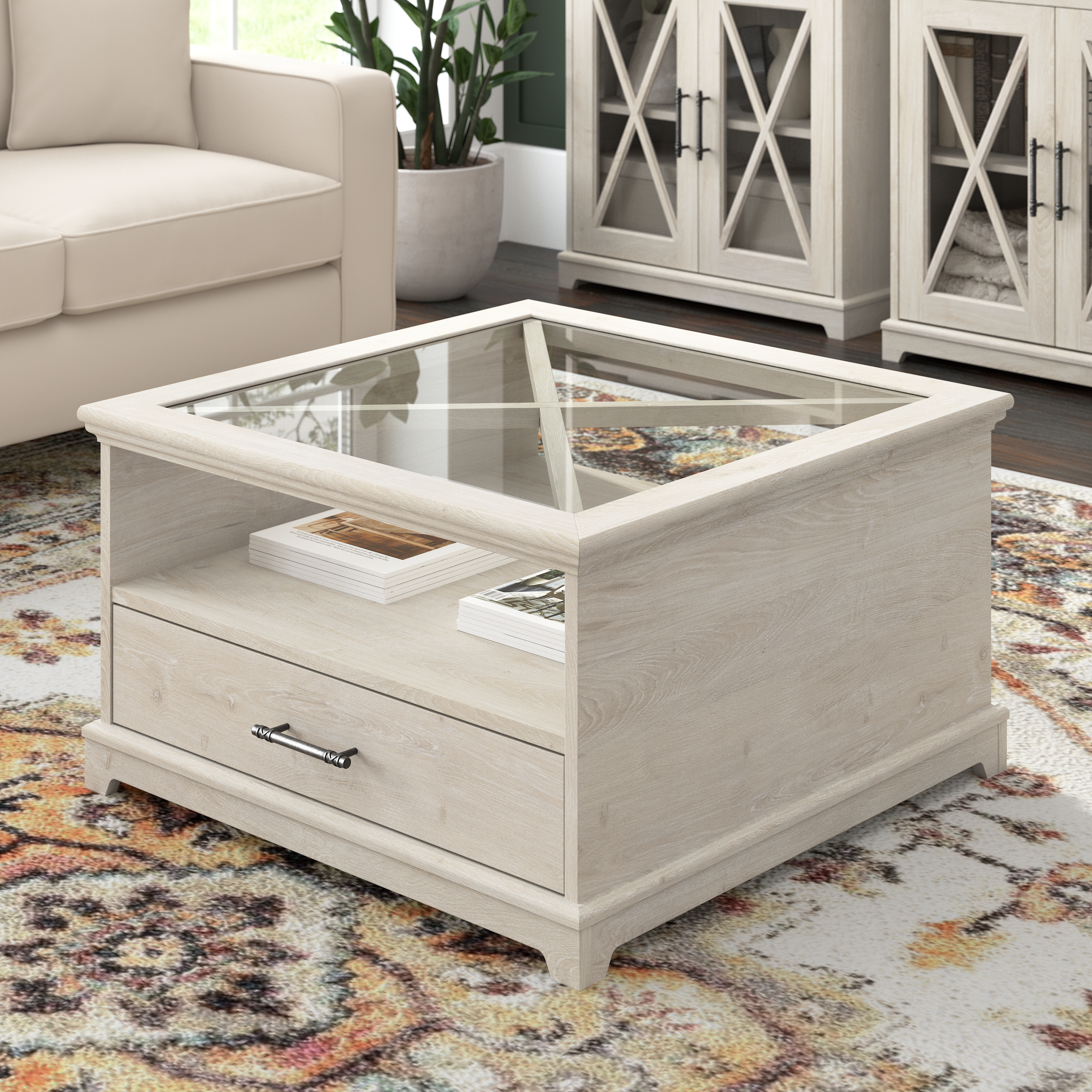 Shop Bush Furniture Lennox Farmhouse Glass Coffee Table with Storage 01 LET133LW-03 #color_linen white oak