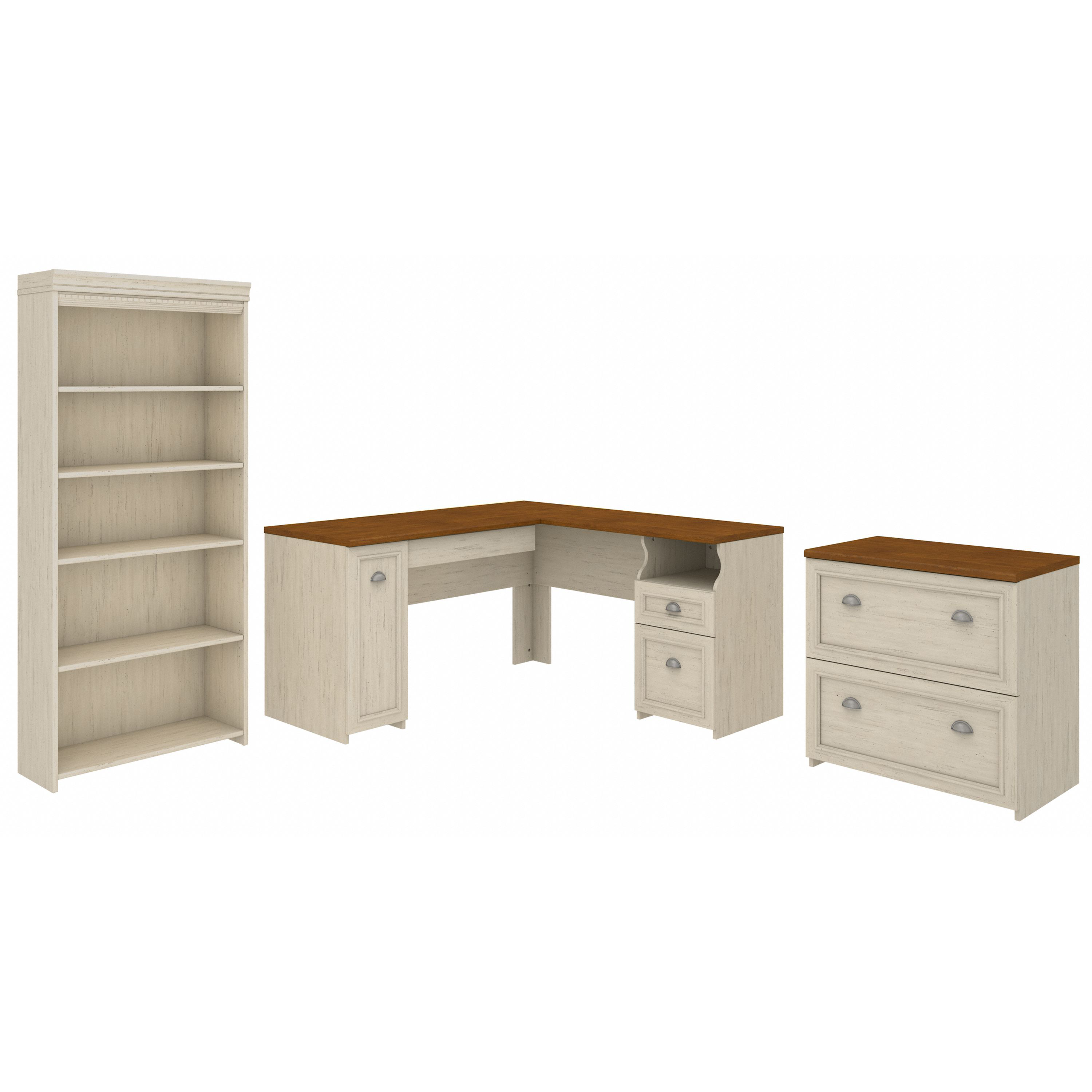 Shop Bush Furniture Fairview 60W L Shaped Desk with Lateral File Cabinet and 5 Shelf Bookcase 02 FV008AW #color_antique white/pure white