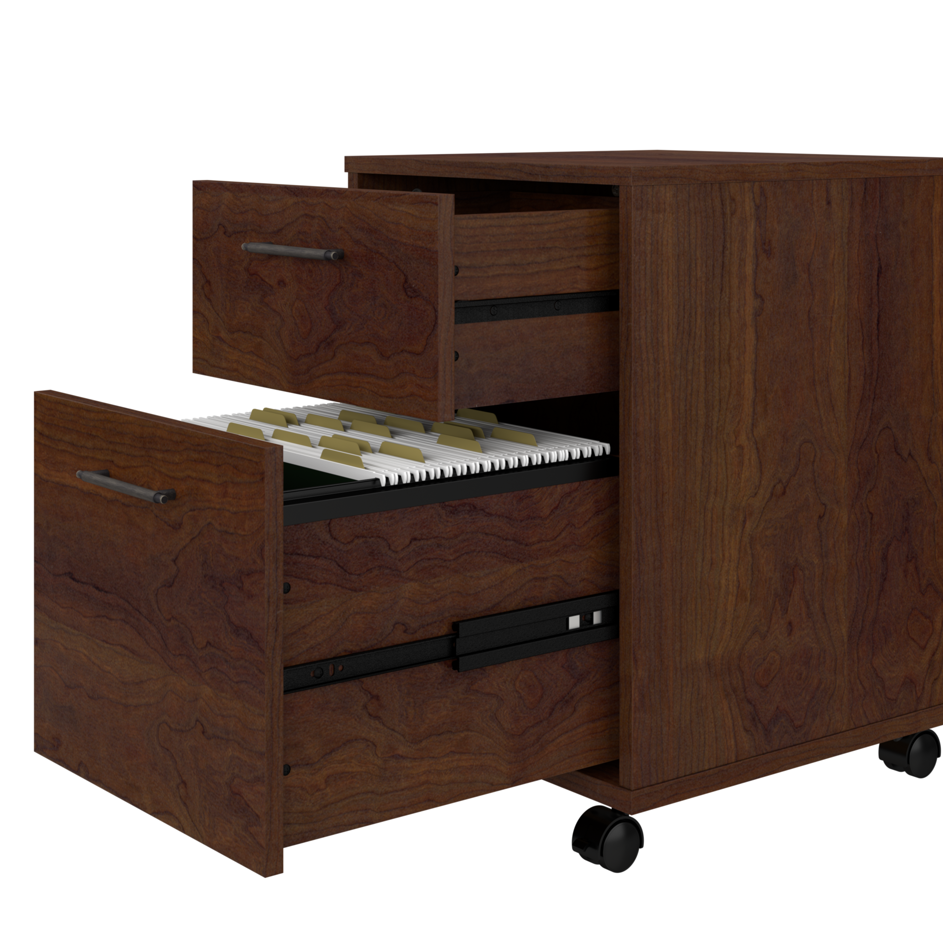 Shop Bush Furniture Key West 60W L Shaped Desk with File Cabinets and 5 Shelf Bookcase 07 KWS017BC #color_bing cherry