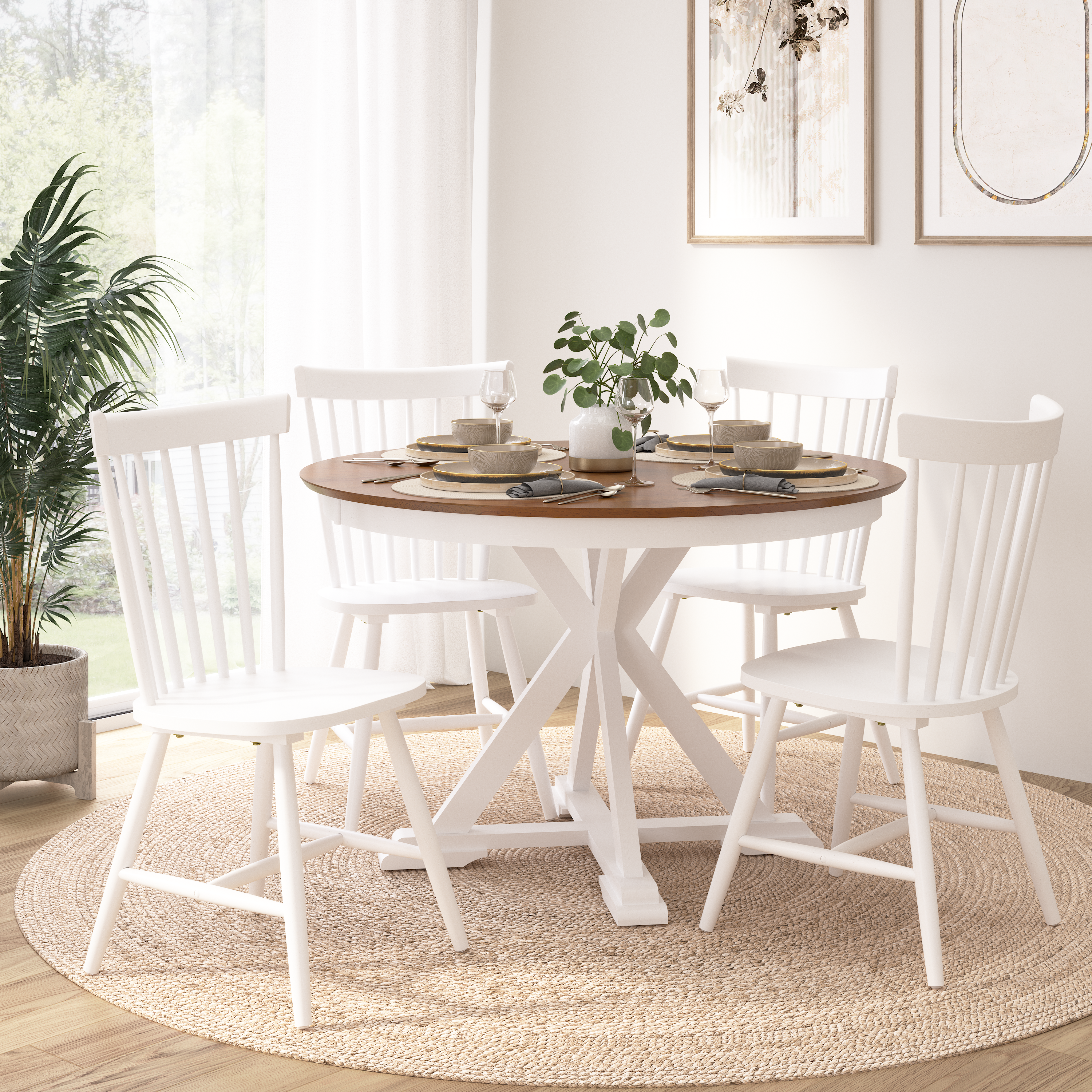 Shop Bush Furniture West End 45W Round Trestle Dining Table with 4 High Back Spindle Dining Chairs 01 WEN001BMW #color_burnished medium brown/white paint