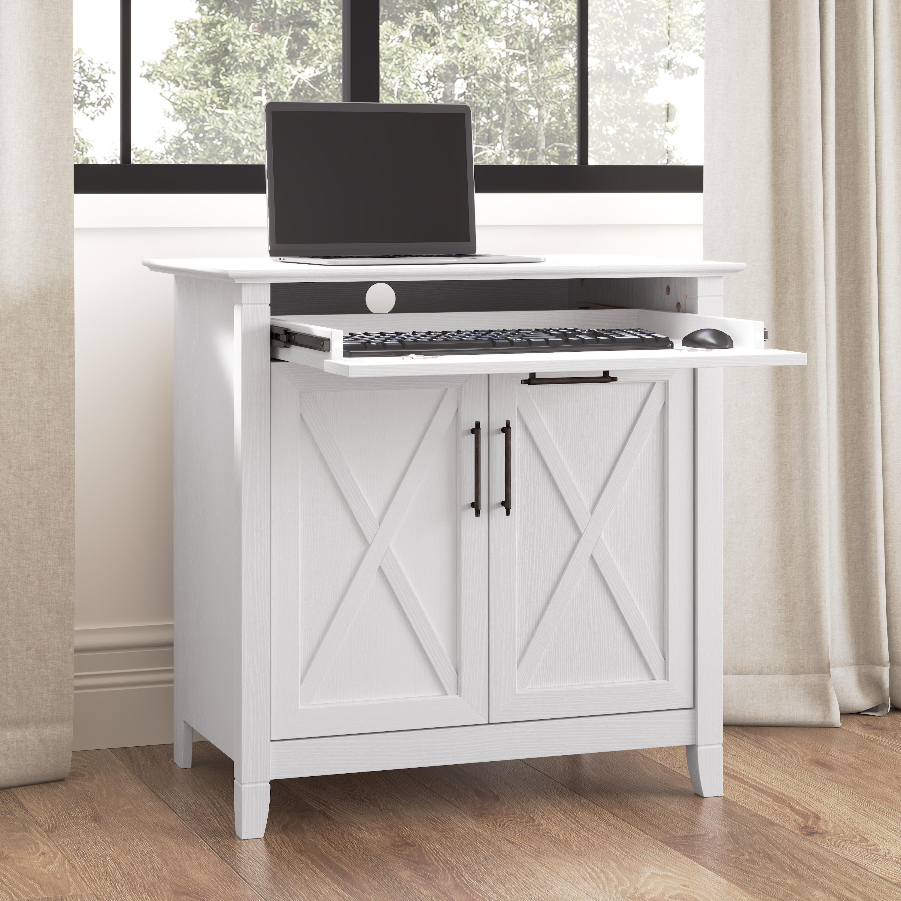 Shop Bush Furniture Key West Secretary Desk with Keyboard Tray and Storage Cabinet 03 KWS132WT-03 #color_pure white oak