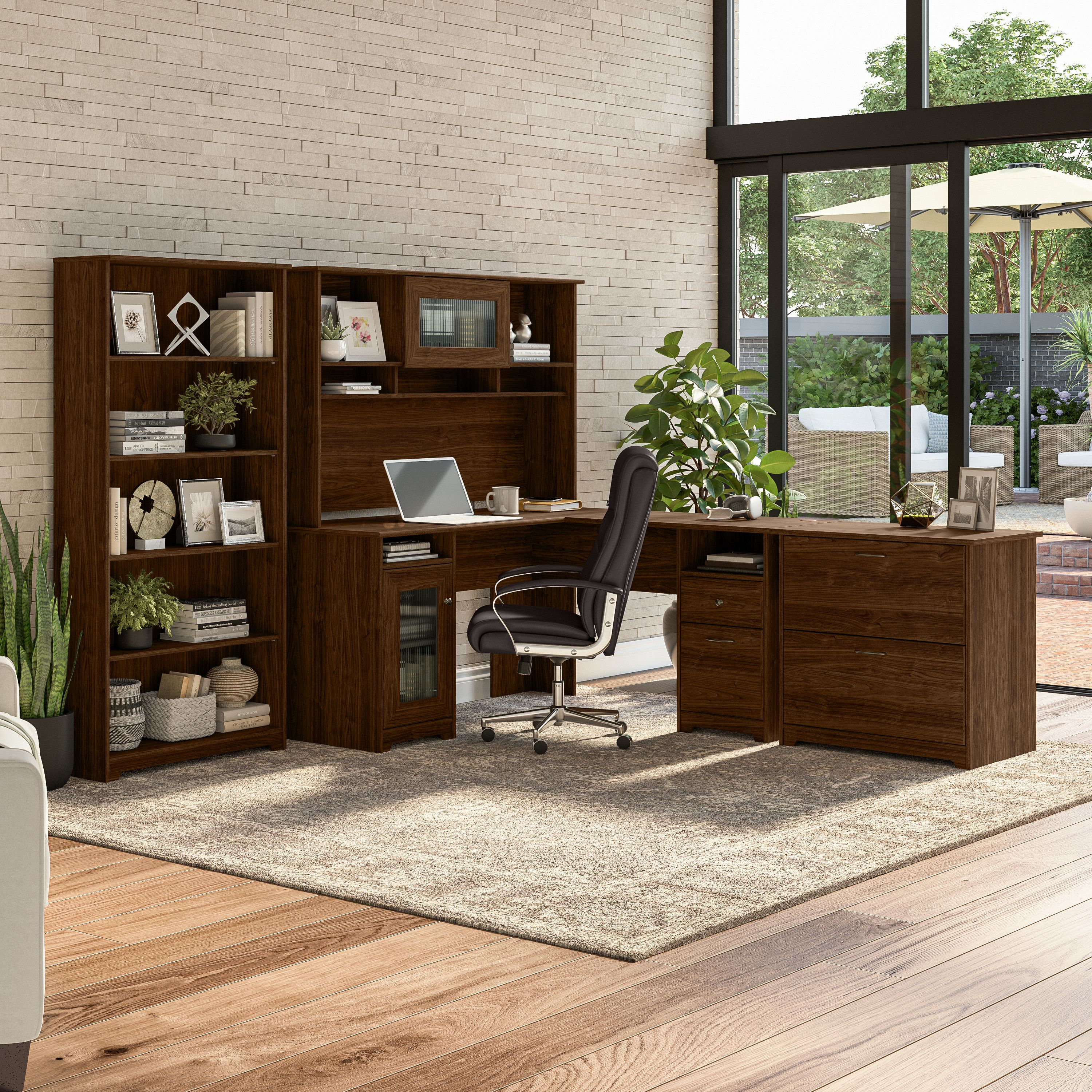 Shop Bush Furniture Cabot 60W L Shaped Computer Desk with Hutch, File Cabinet and Bookcase 01 CAB010MW #color_modern walnut