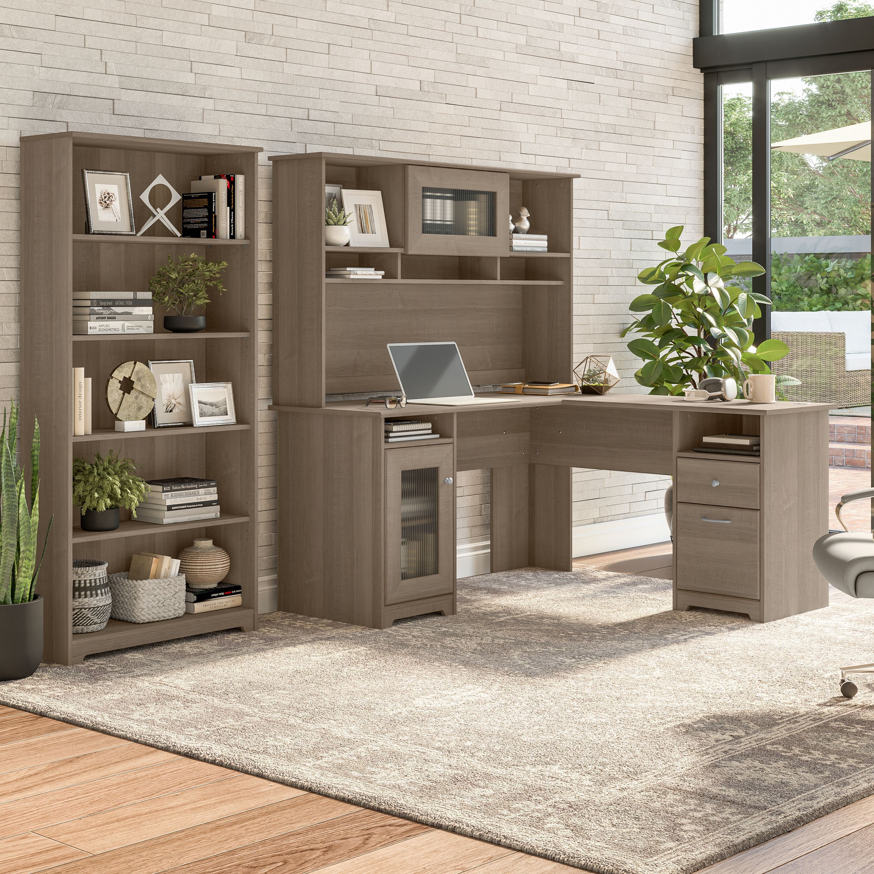 Shop Bush Furniture Cabot 60W L Shaped Computer Desk with Hutch and 5 Shelf Bookcase 01 CAB011AG #color_ash gray