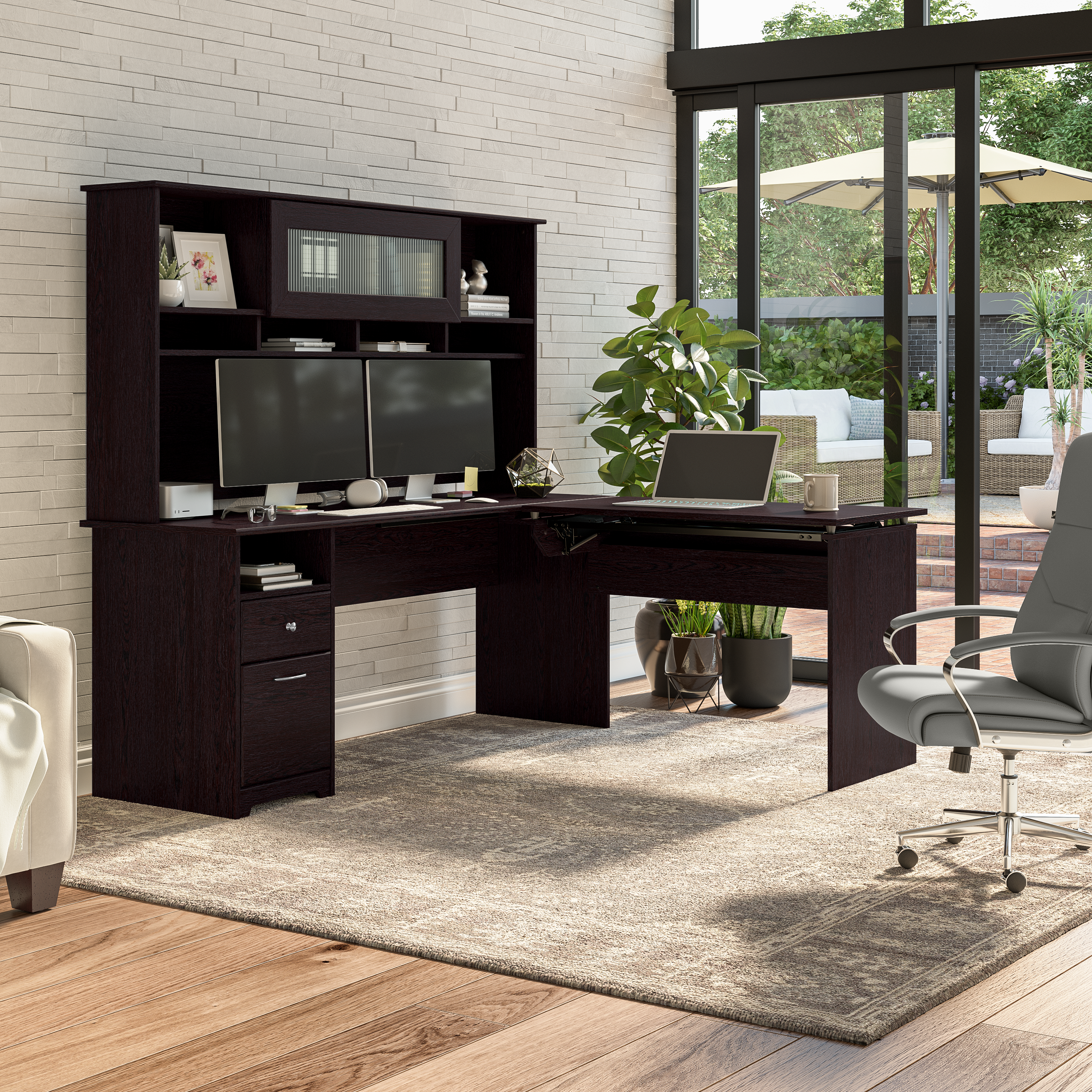 Shop Bush Furniture Cabot 72W 3 Position Sit to Stand L Shaped Desk with Hutch 03 CAB052EPO #color_espresso oak