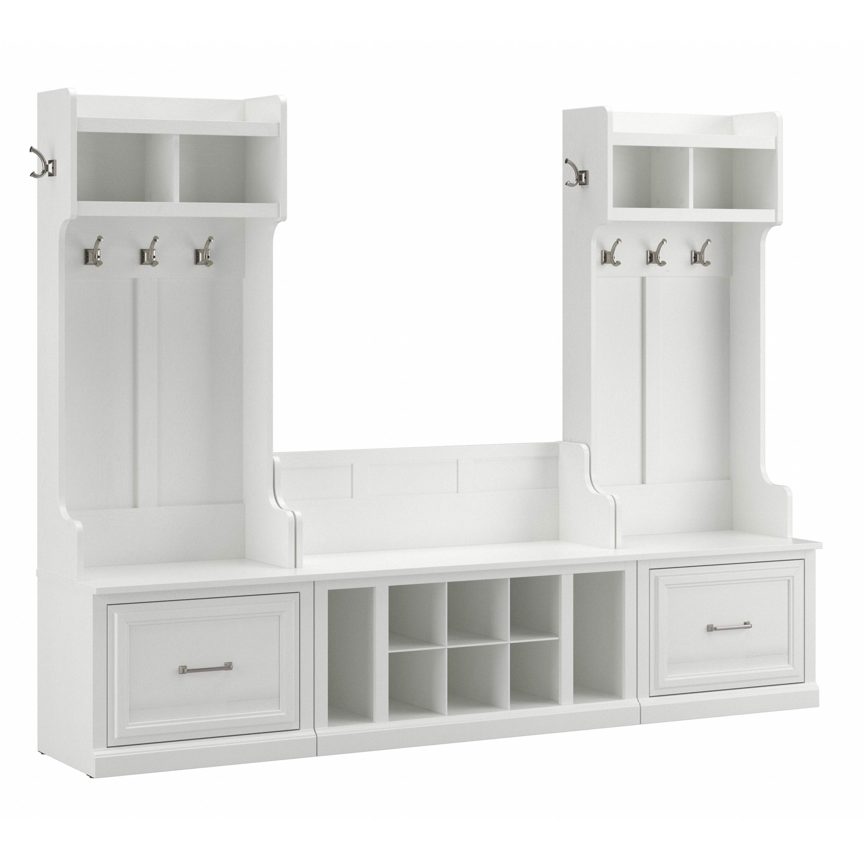 Shop Bush Furniture Woodland Entryway Storage Set with Hall Trees and Shoe Bench with Drawers 02 WDL012WAS #color_white ash