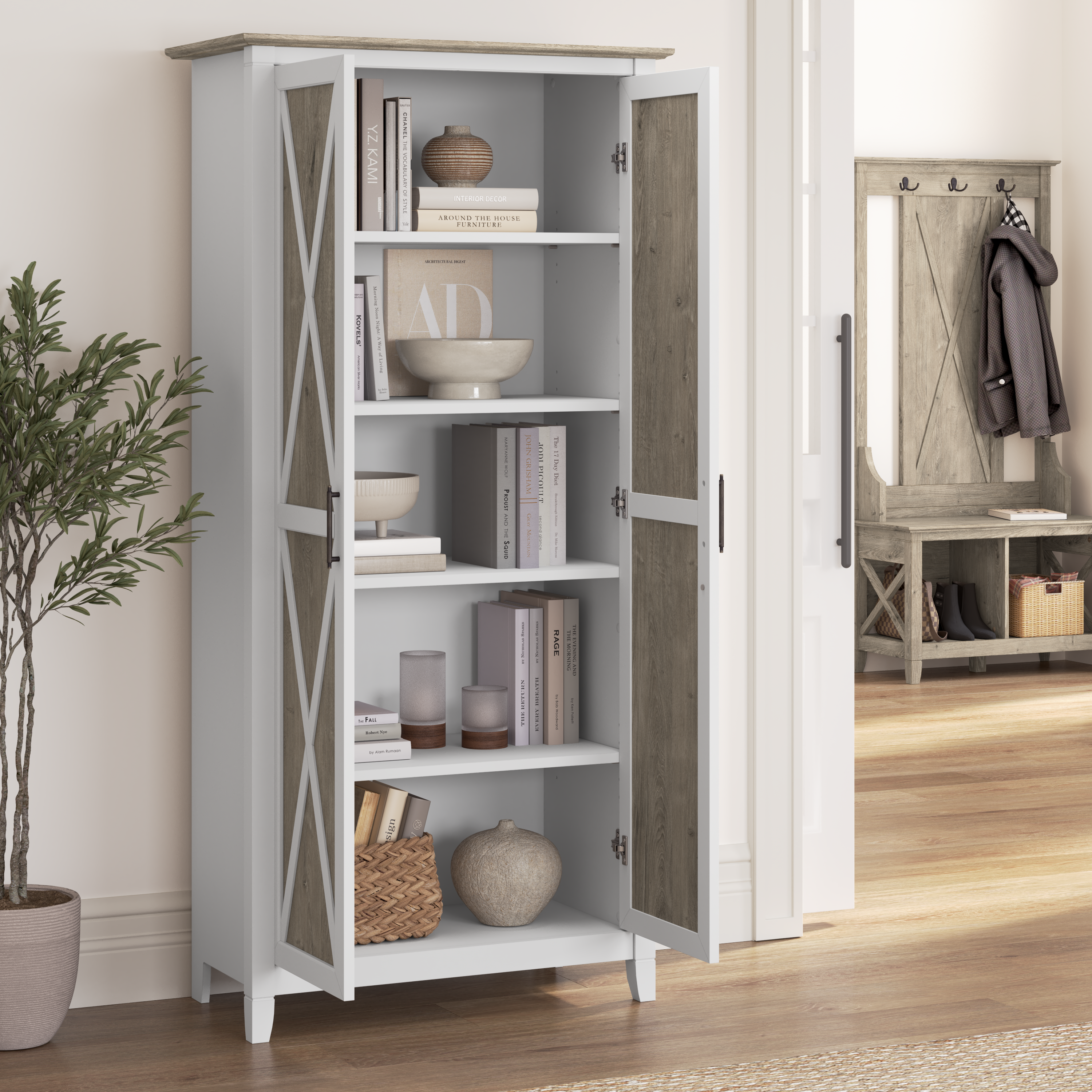 Shop Bush Furniture Key West Tall Storage Cabinet with Doors and Shelves 06 KWS266G2W-03 #color_shiplap gray/pure white