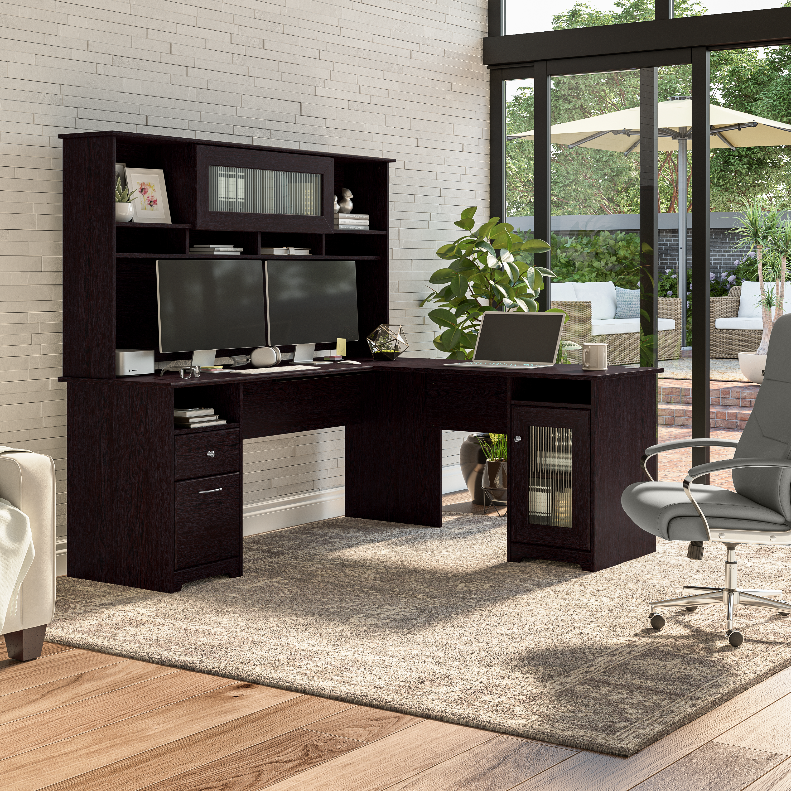 Shop Bush Furniture Cabot 72W L Shaped Computer Desk with Hutch and Storage 01 CAB073EPO #color_espresso oak