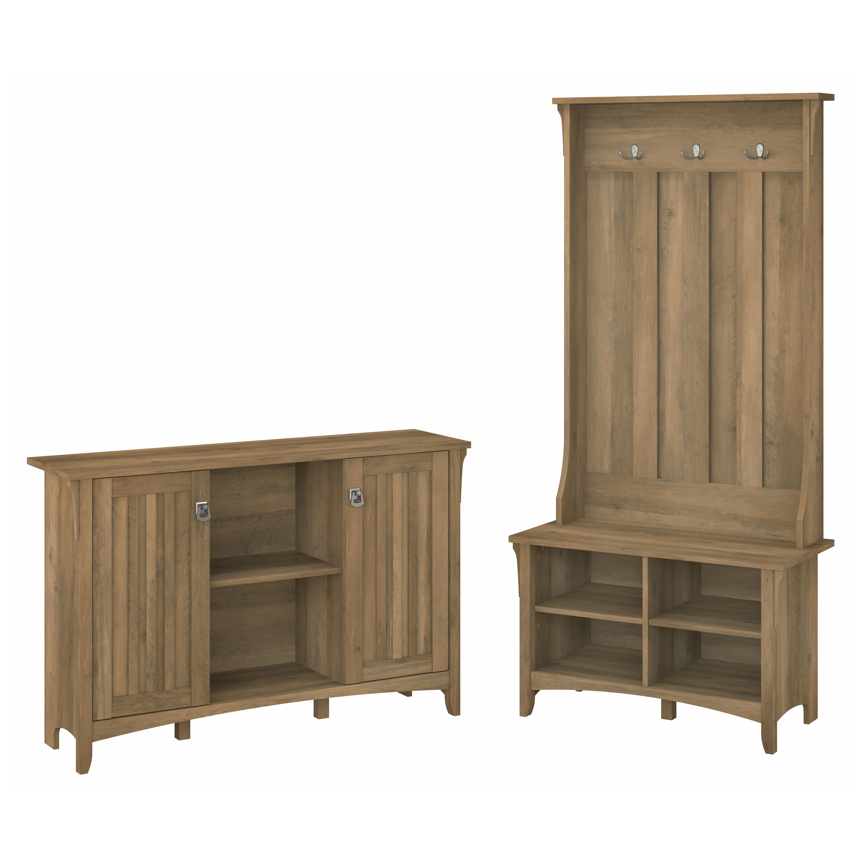 Shop Bush Furniture Salinas Entryway Storage Set with Hall Tree, Shoe Bench and Accent Cabinet 02 SAL008RCP #color_reclaimed pine