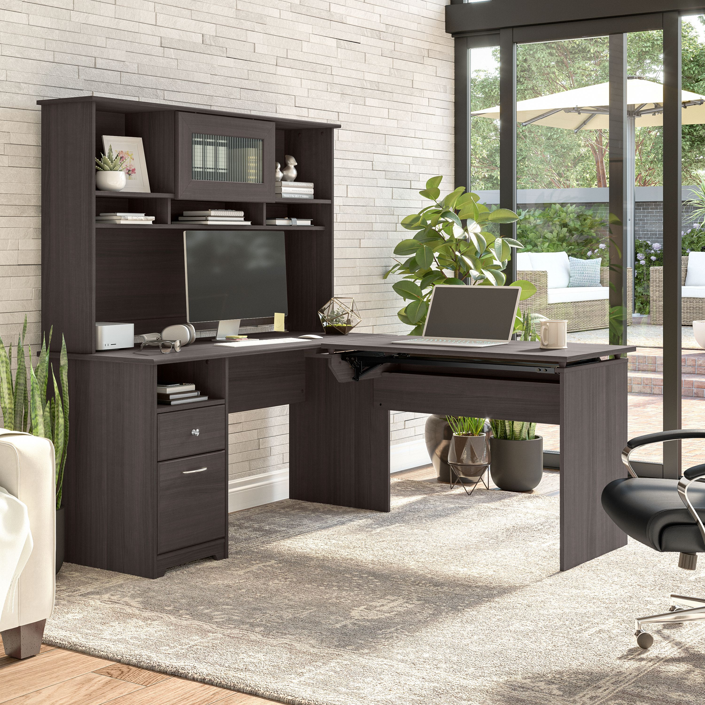 Shop Bush Furniture Cabot 60W 3 Position Sit to Stand L Shaped Desk with Hutch 03 CAB045HRG #color_heather gray