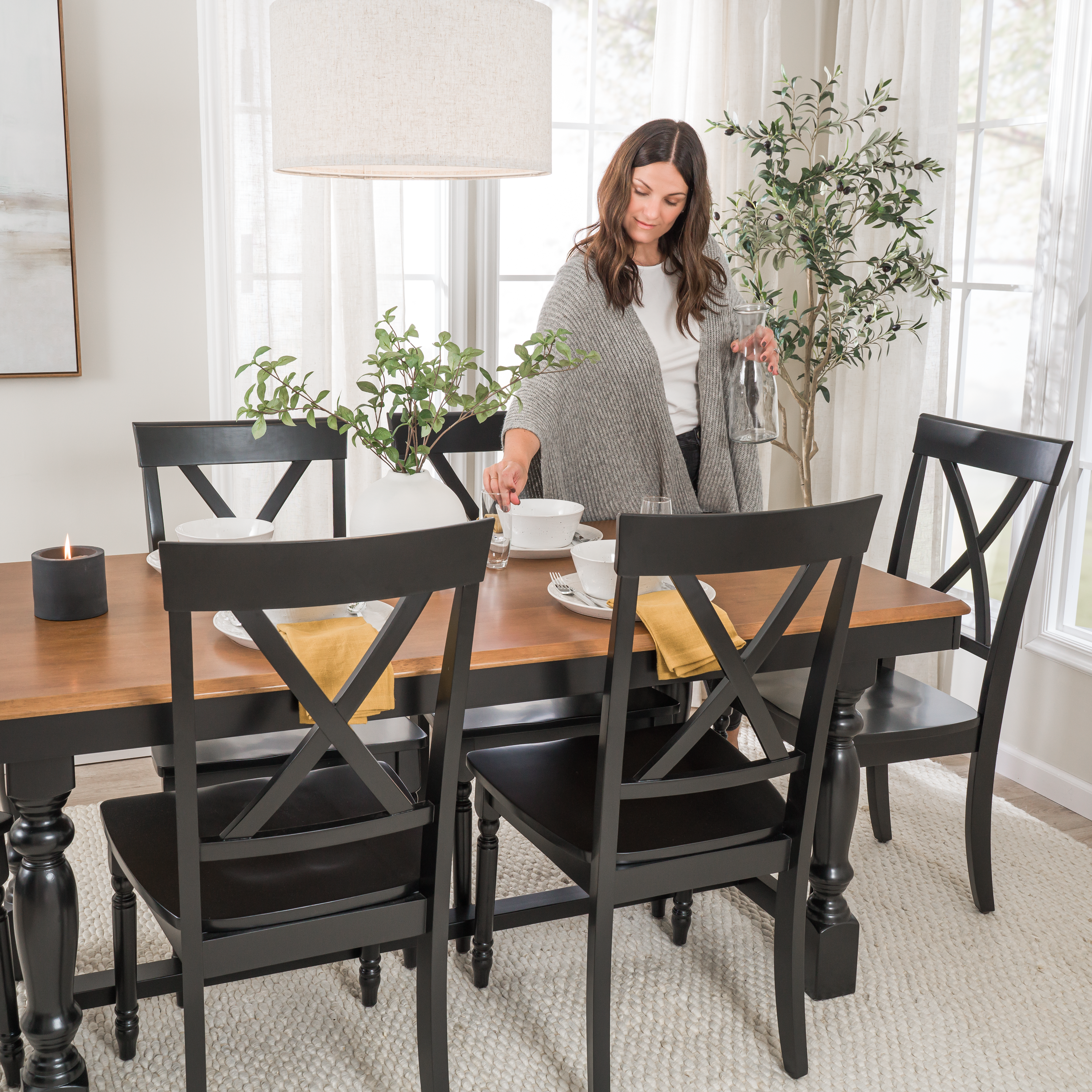 Shop Bush Furniture Sterling 67W Squire Trestle Dining Table with 6 Cross Back Dining Chairs 03 STL001BMB #color_burnished medium brown/black paint