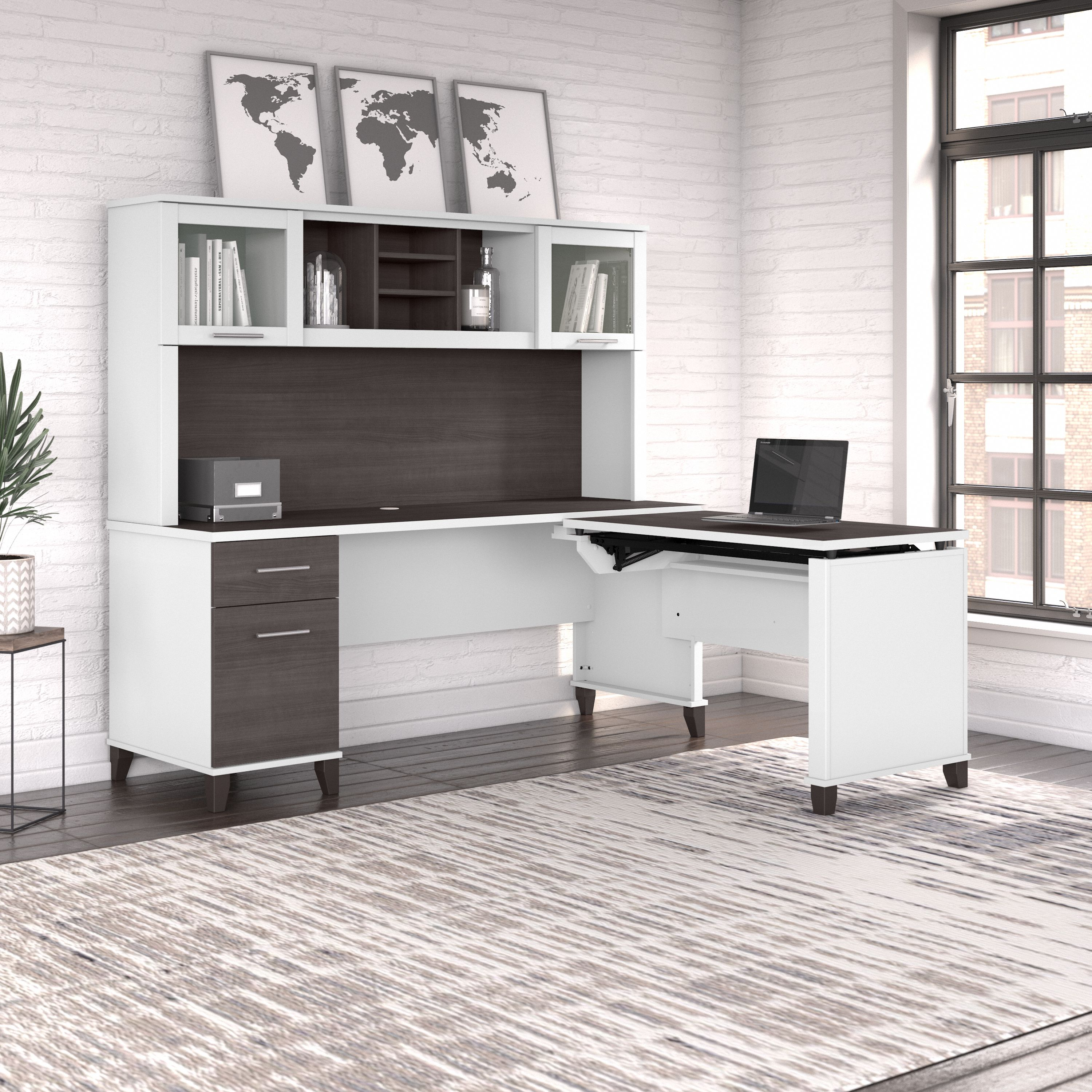 Shop Bush Furniture Somerset 72W 3 Position Sit to Stand L Shaped Desk with Hutch 03 SET015SGWH #color_storm gray/white