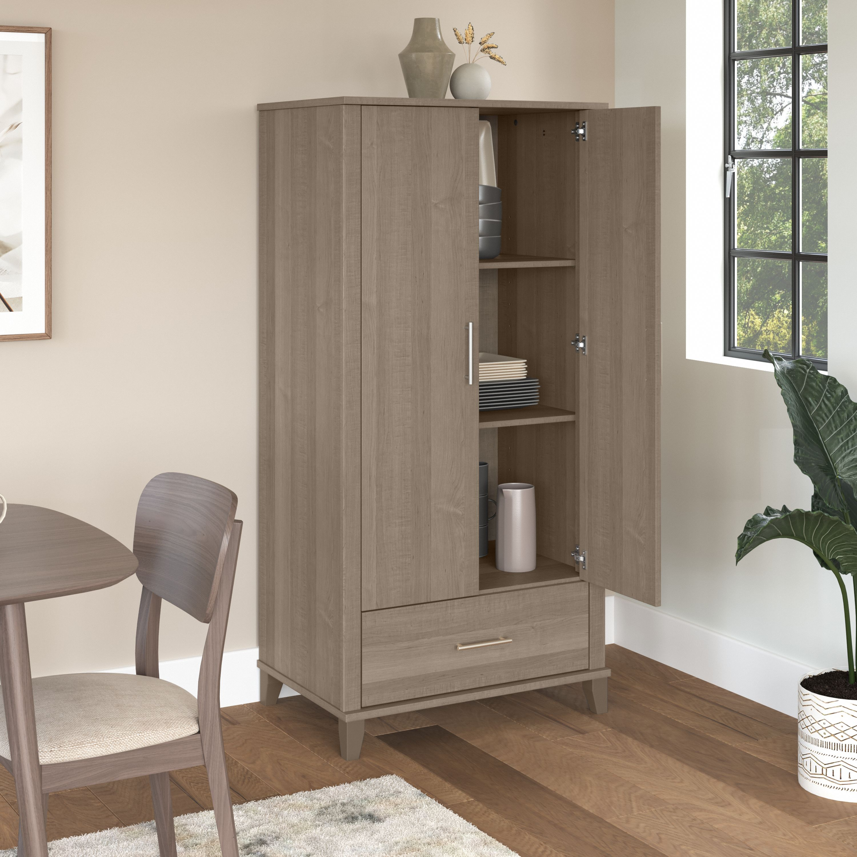 Shop Bush Furniture Somerset Tall Kitchen Pantry Cabinet with Doors and Drawer 03 STS166AGK-Z #color_ash gray