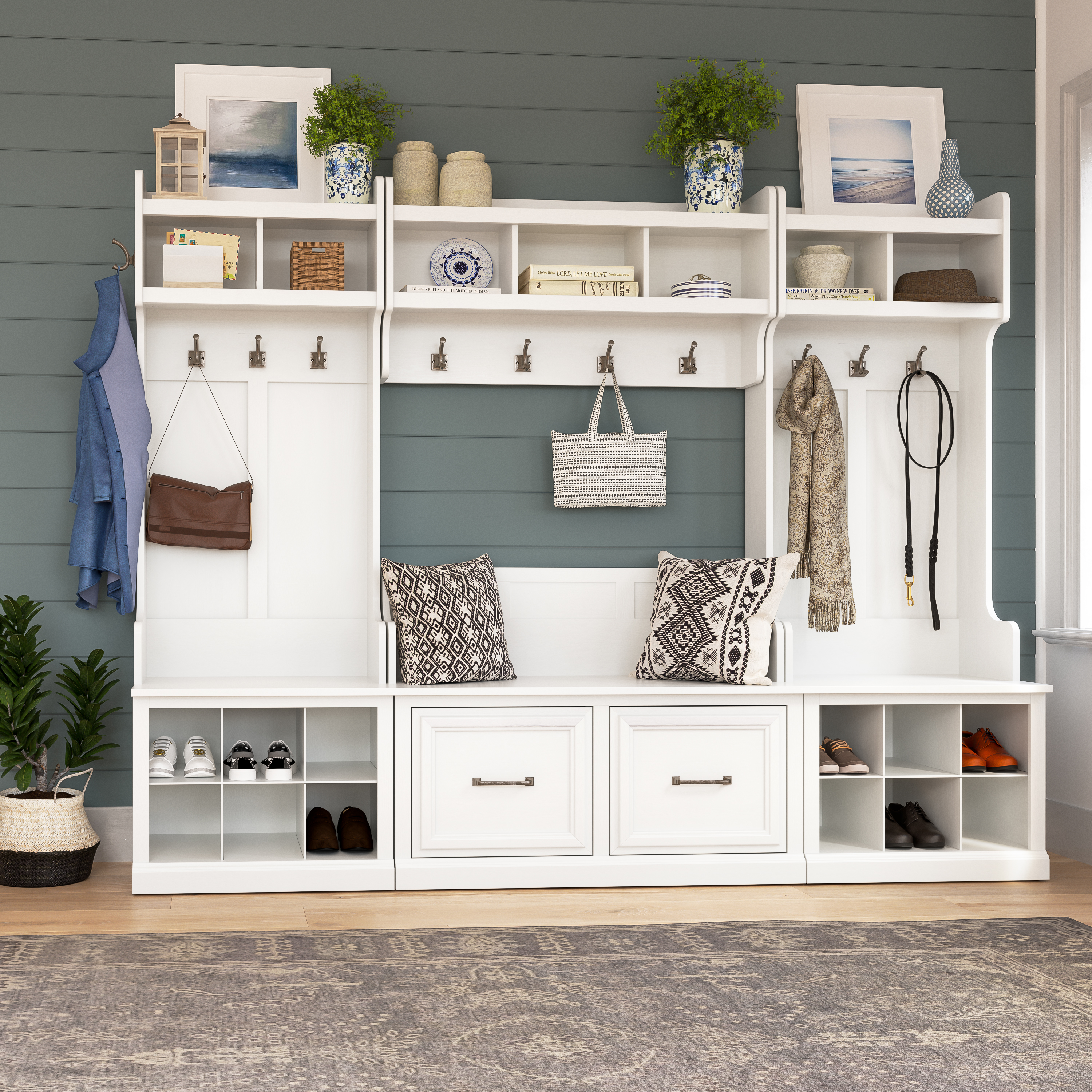 Shop Bush Furniture Woodland Entryway Storage Set with Hall Trees and Shoe Bench with Doors 06 WDL011WAS #color_white ash