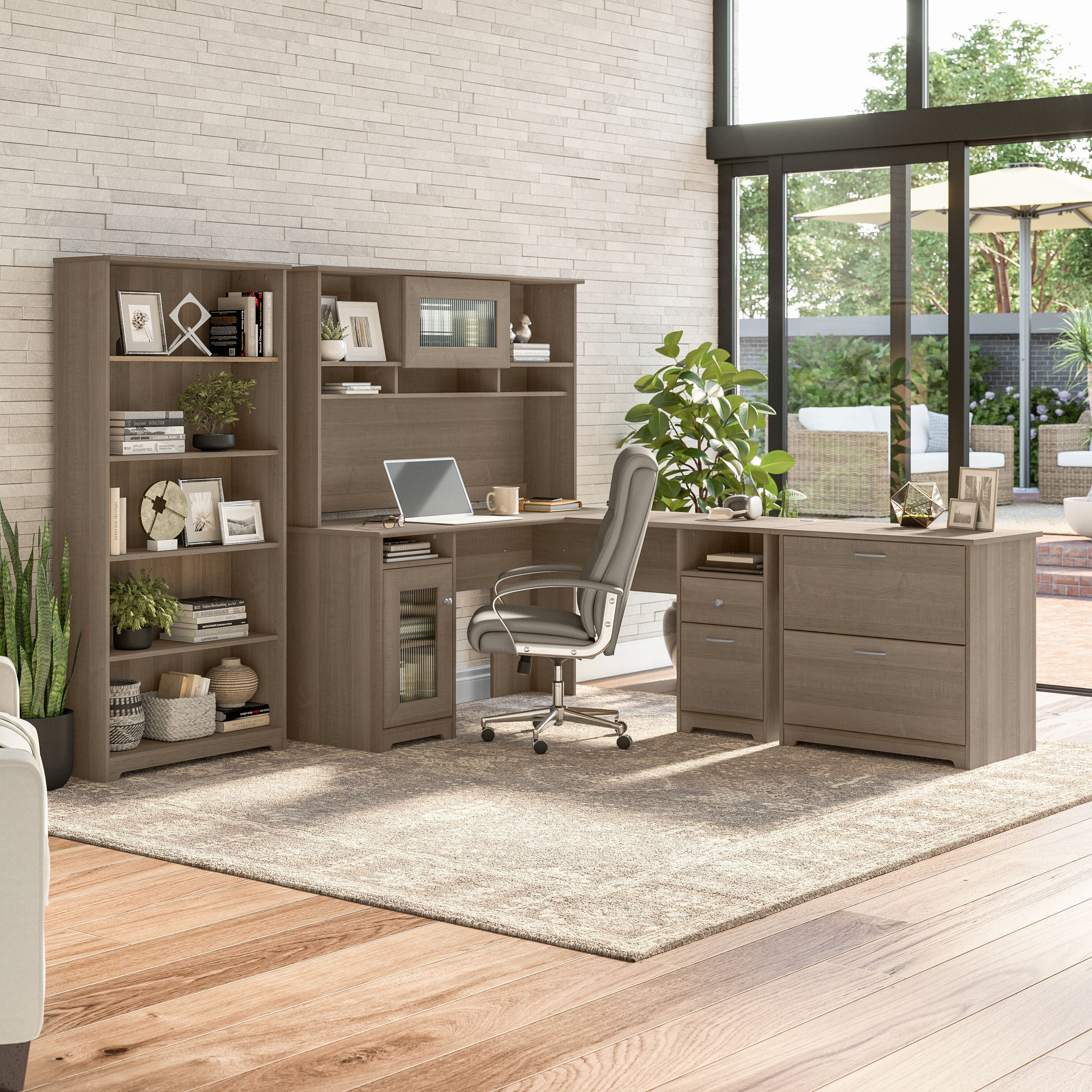 Shop Bush Furniture Cabot 60W L Shaped Computer Desk with Hutch, File Cabinet and Bookcase 01 CAB010AG #color_ash gray