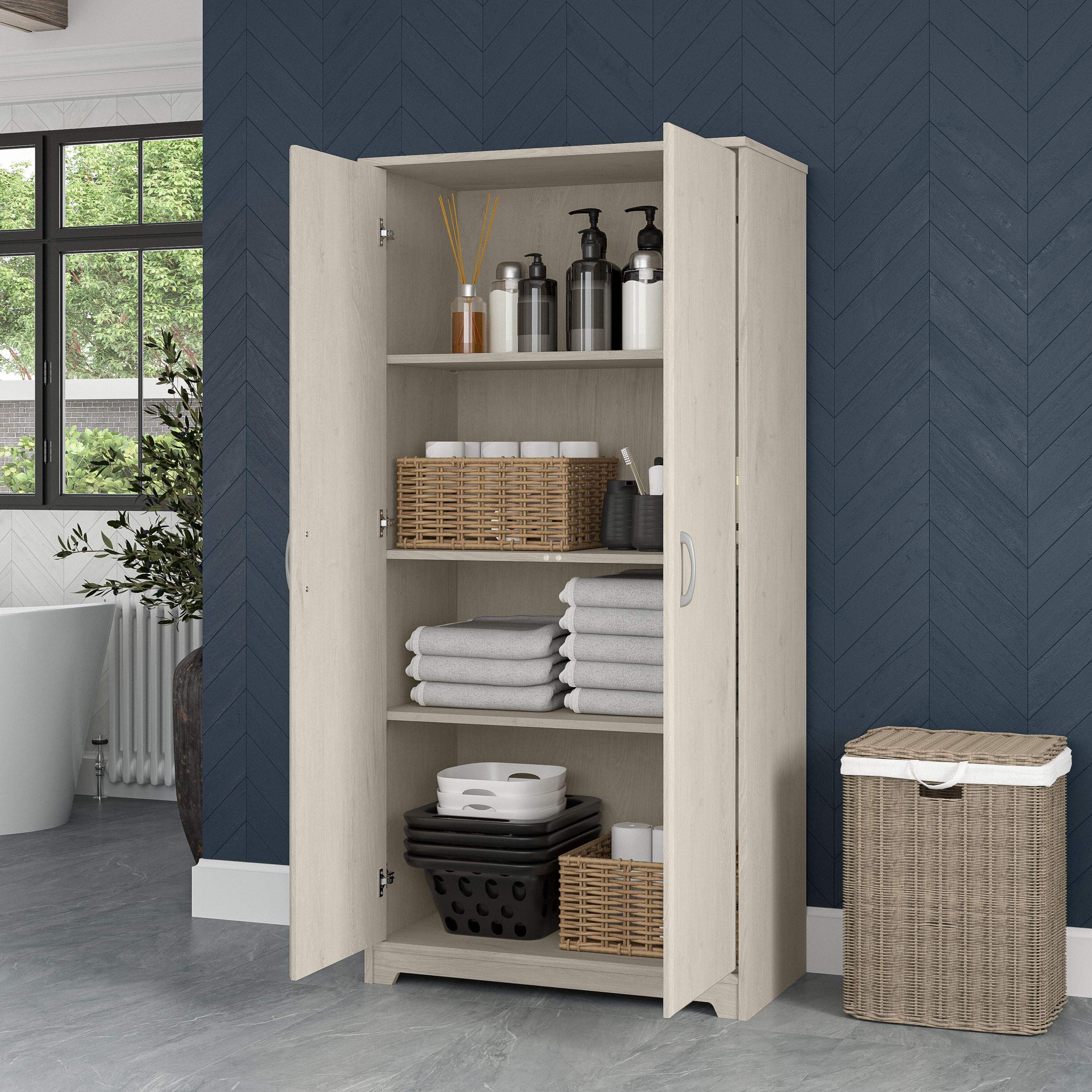 Shop Bush Furniture Cabot Tall Bathroom Storage Cabinet with Doors 03 WC31199-Z1 #color_linen white oak