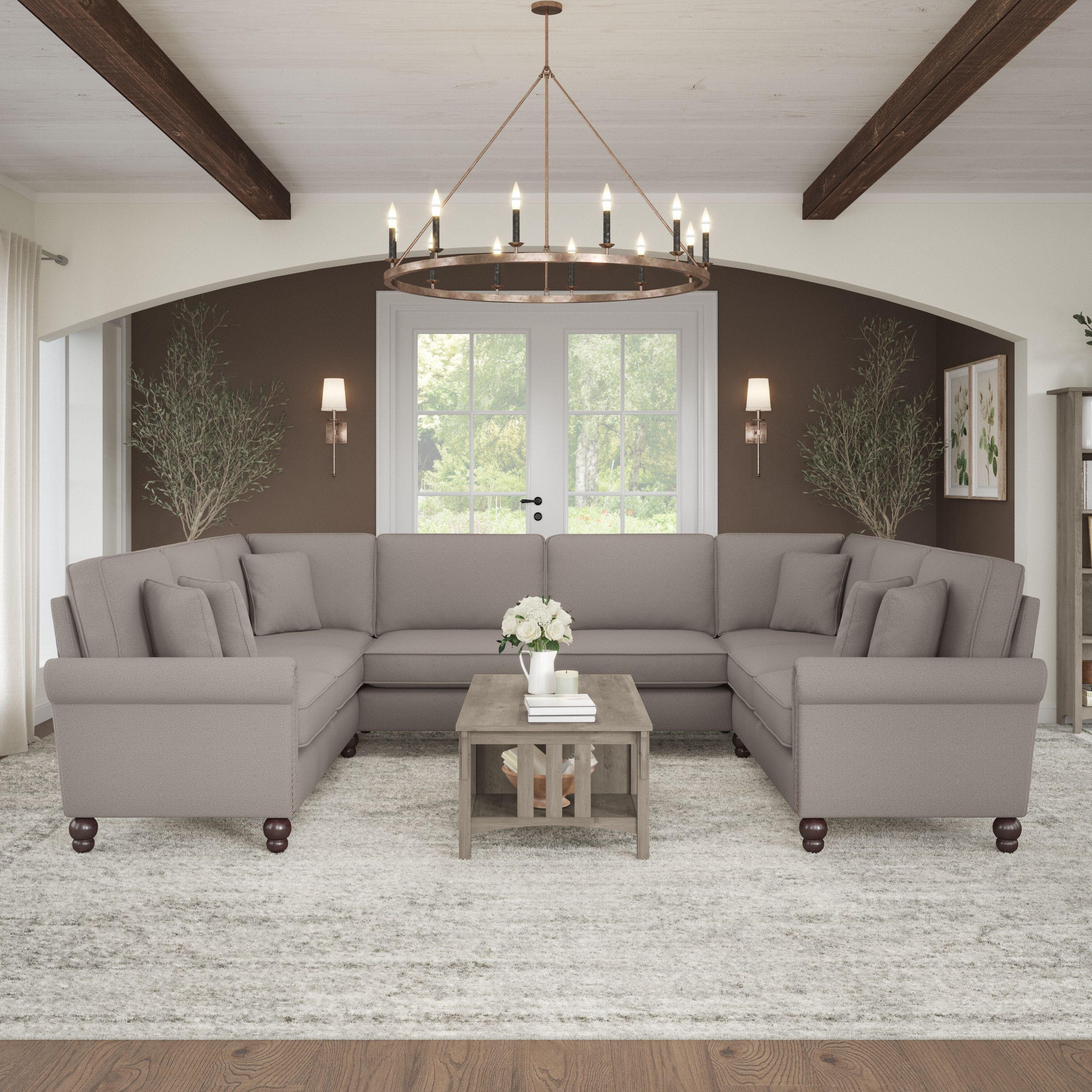 Shop Bush Furniture Coventry 125W U Shaped Sectional Couch 01 CVY123BBGH-03K #color_beige herringbone fabric