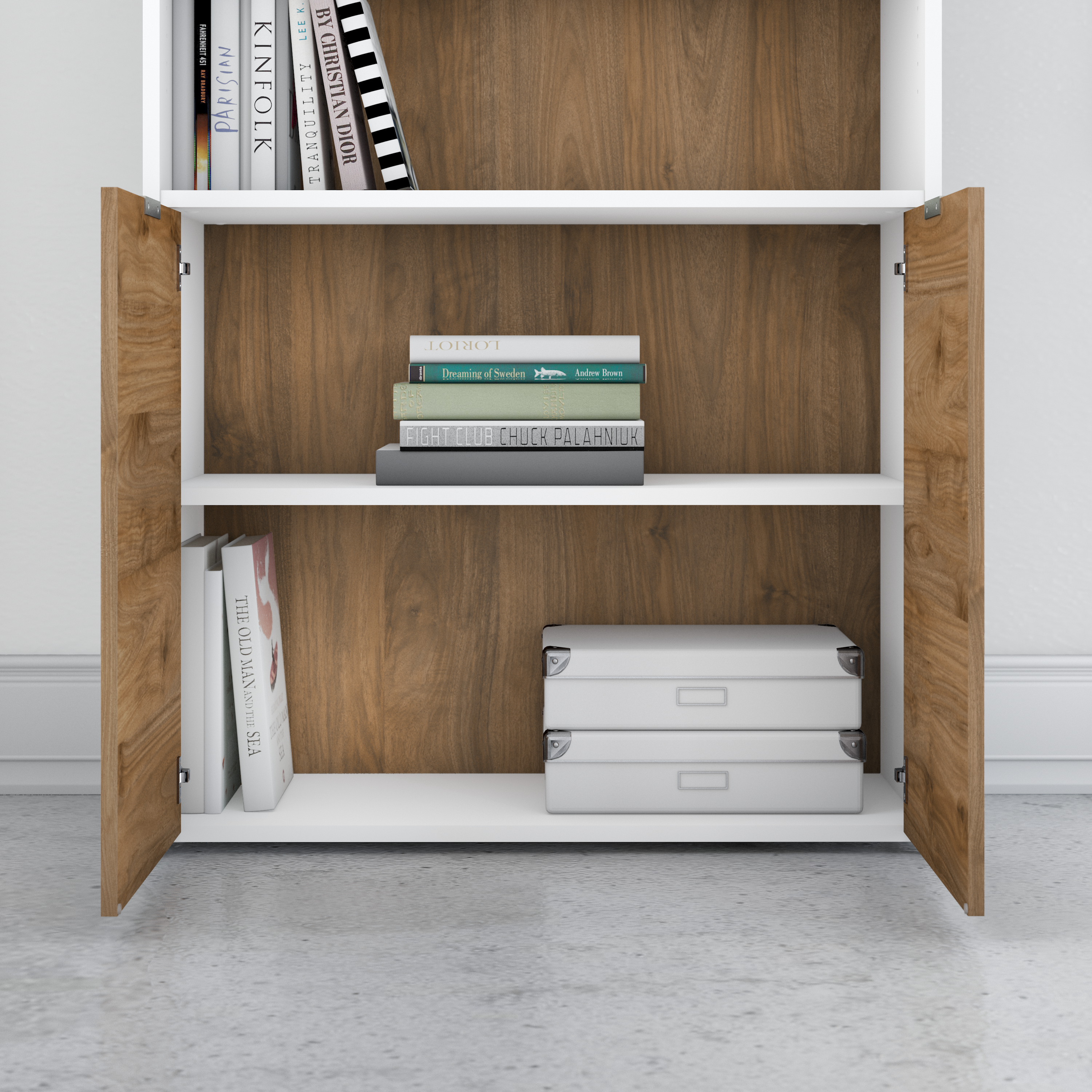 Shop Bush Business Furniture Jamestown 72W L Shaped Desk with Lateral File Cabinet and 5 Shelf Bookcase 03 JTN011FWWHSU #color_fresh walnut/white