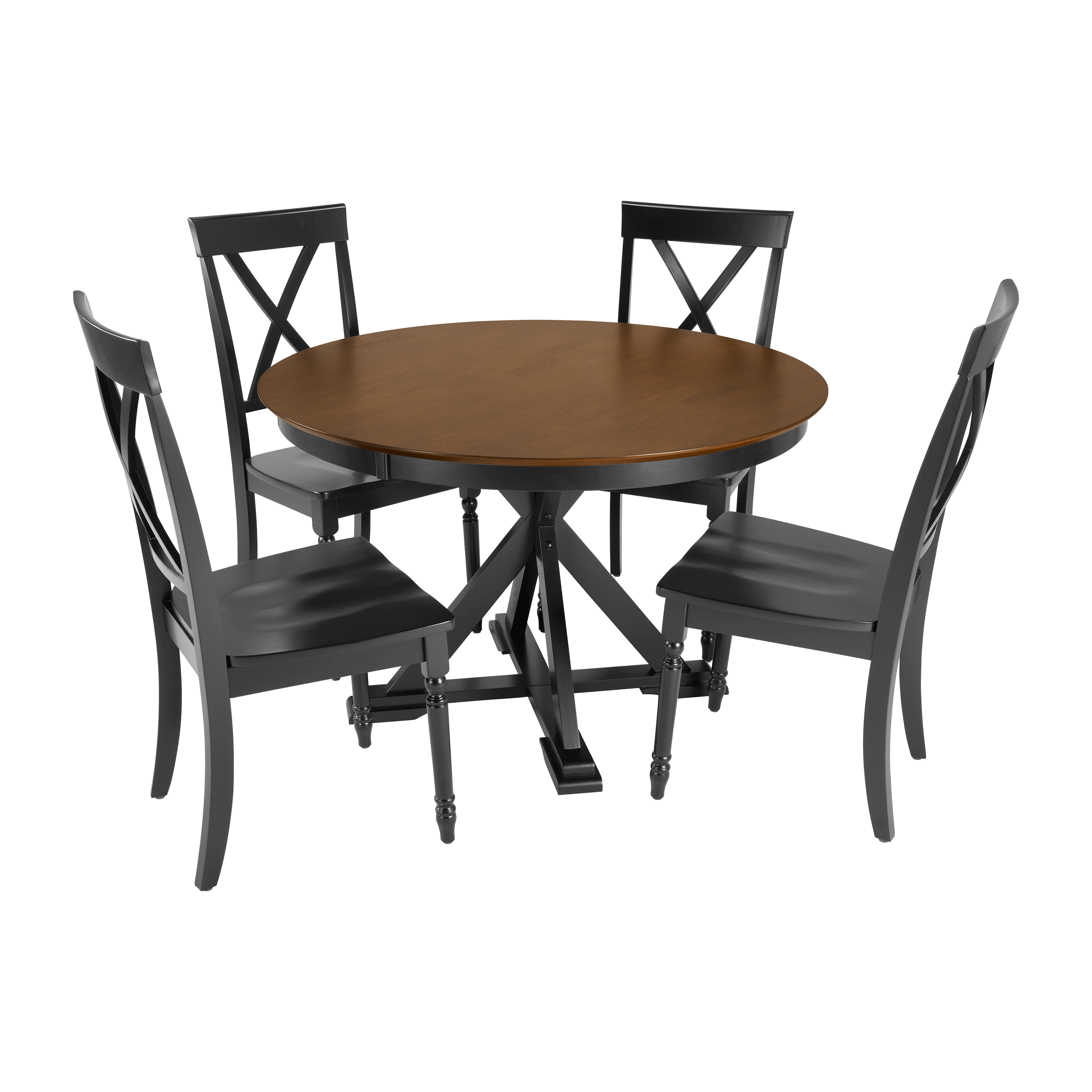 Shop Bush Furniture West End 45W Round Trestle Dining Table with 4 Cross Back Dining Chairs 02 WEN002BMB #color_burnished medium brown/black paint