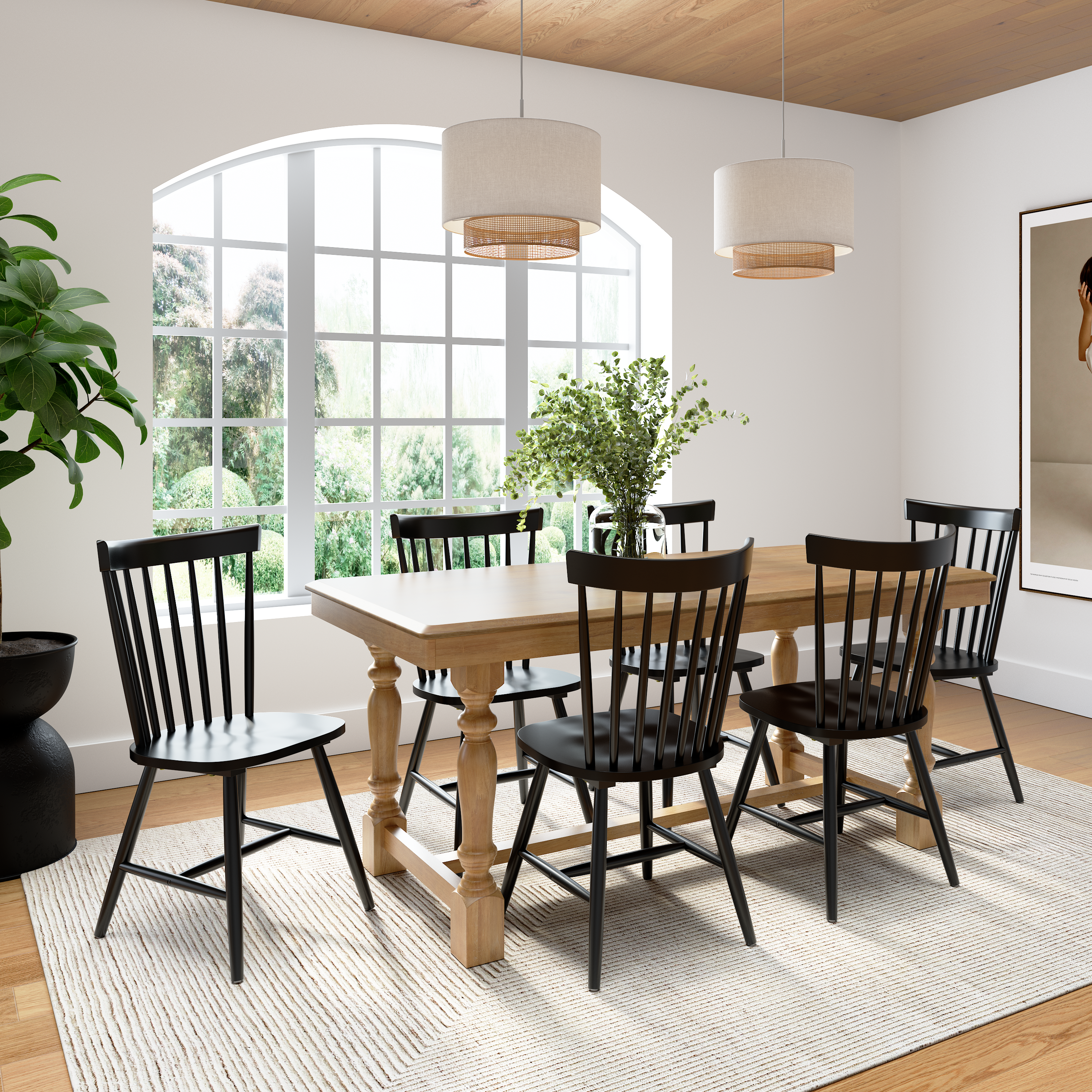 Shop Bush Furniture Sterling 67W Squire Trestle Dining Table with 6 High Back Spindle Dining Chairs 01 STL002NHS #color_natural honey brown/black paint