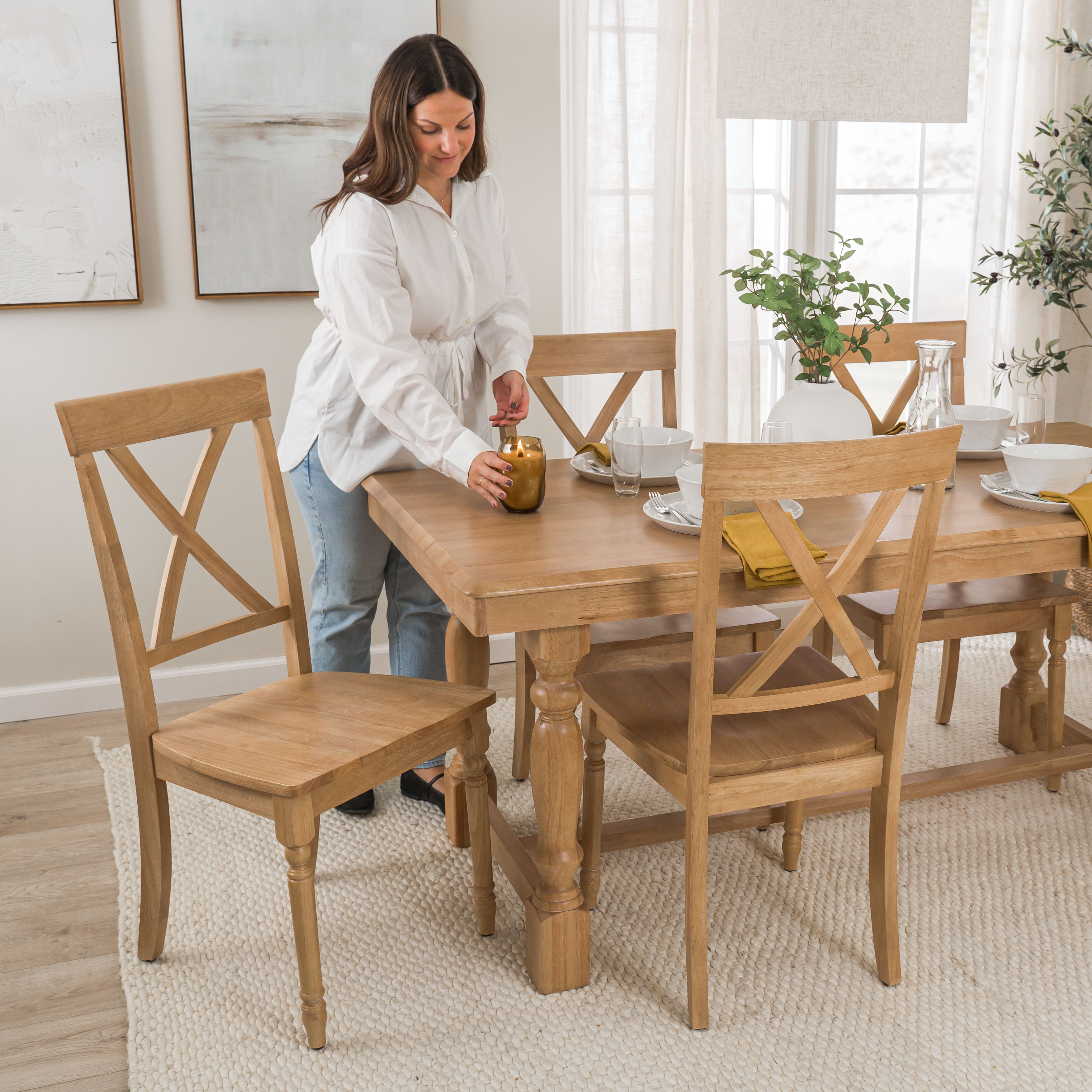 Shop Bush Furniture Sterling 67W Squire Trestle Dining Table with 6 Cross Back Dining Chairs 03 STL001NHS #color_natural honey brown