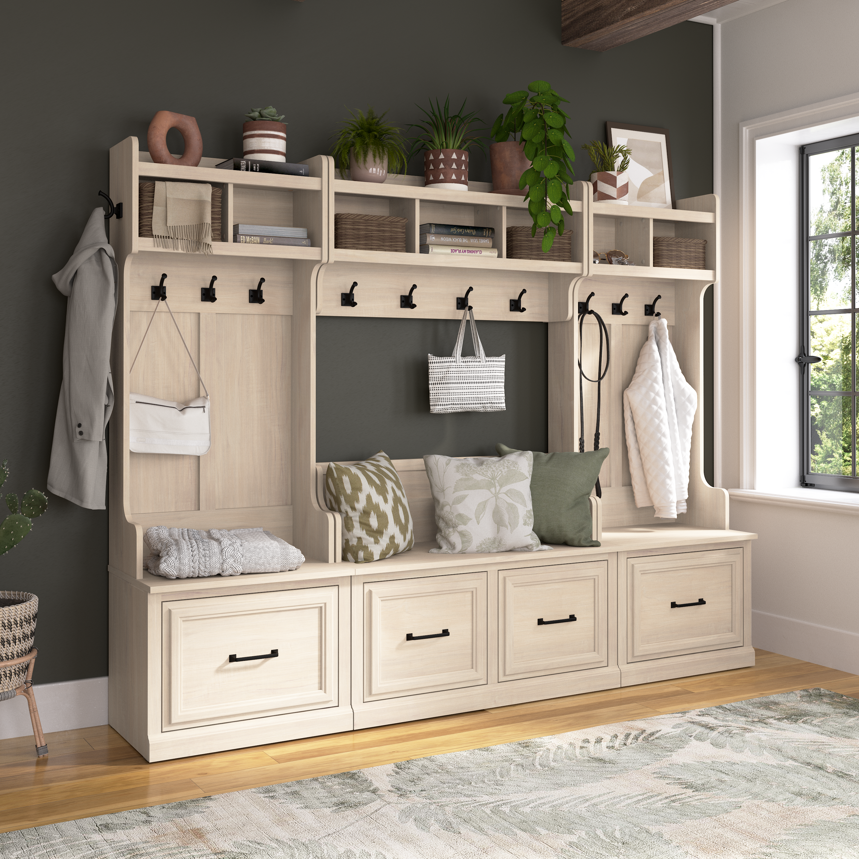 Shop Bush Furniture Woodland Entryway Storage Set with Hall Trees and Shoe Bench with Drawers 05 WDL012WM #color_white washed maple