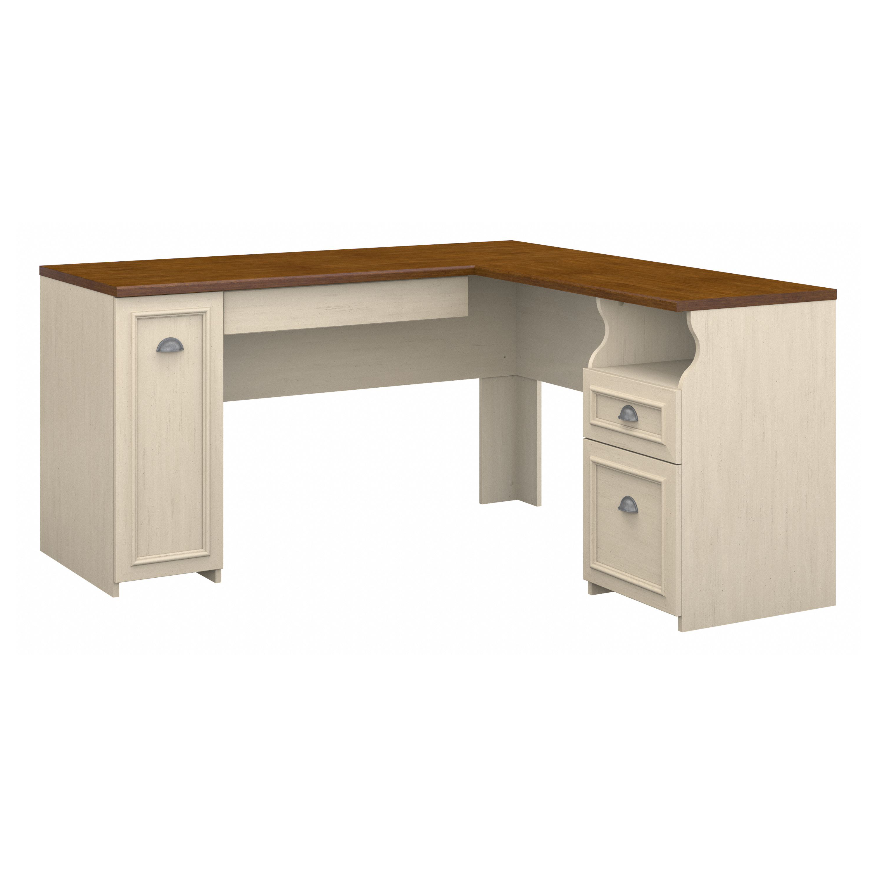 Shop Bush Furniture Fairview 60W L Shaped Desk with Drawers and Storage Cabinet 02 WC53230-03K #color_antique white/tea maple