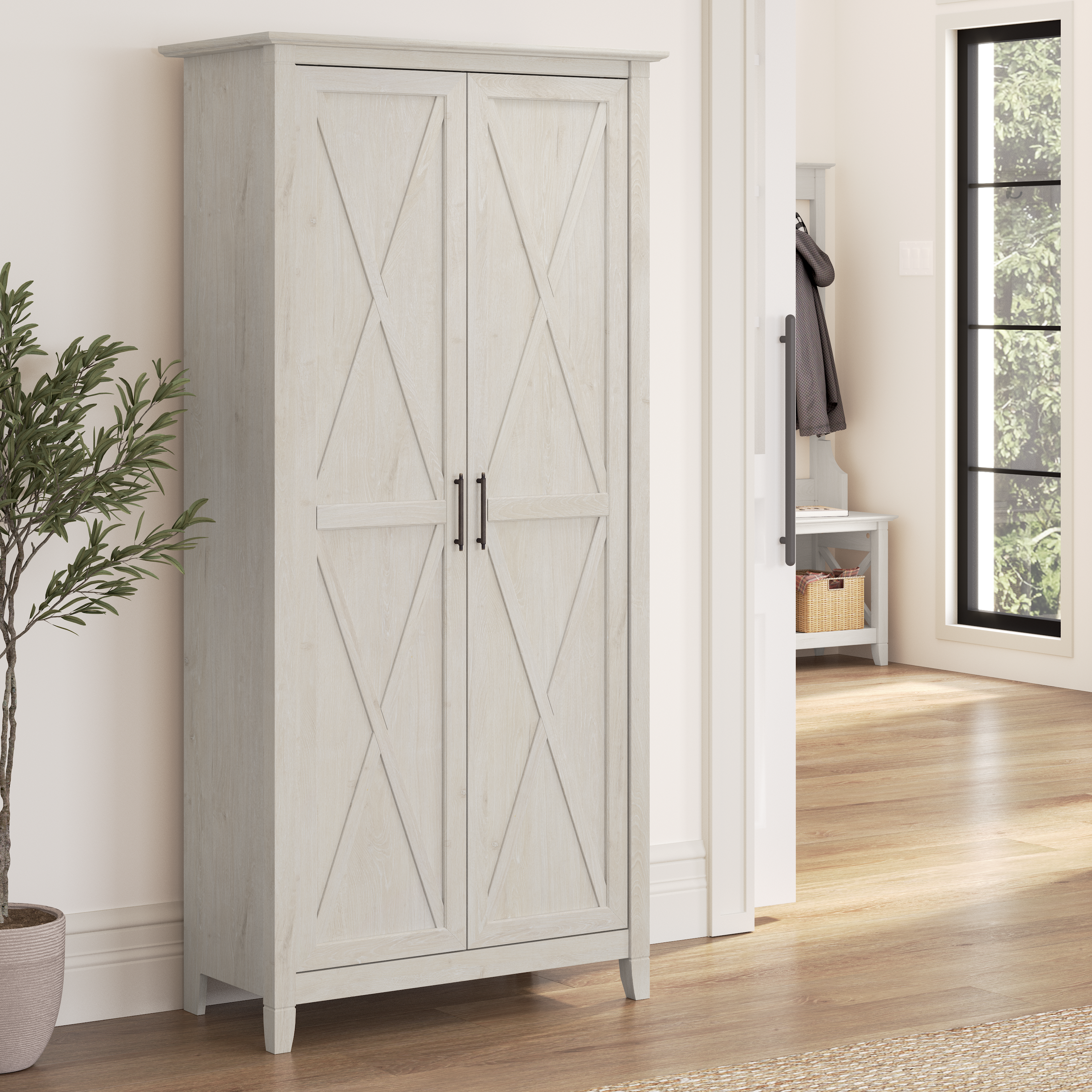 Shop Bush Furniture Key West Tall Storage Cabinet with Doors and Shelves 01 KWS266LW-03 #color_linen white oak