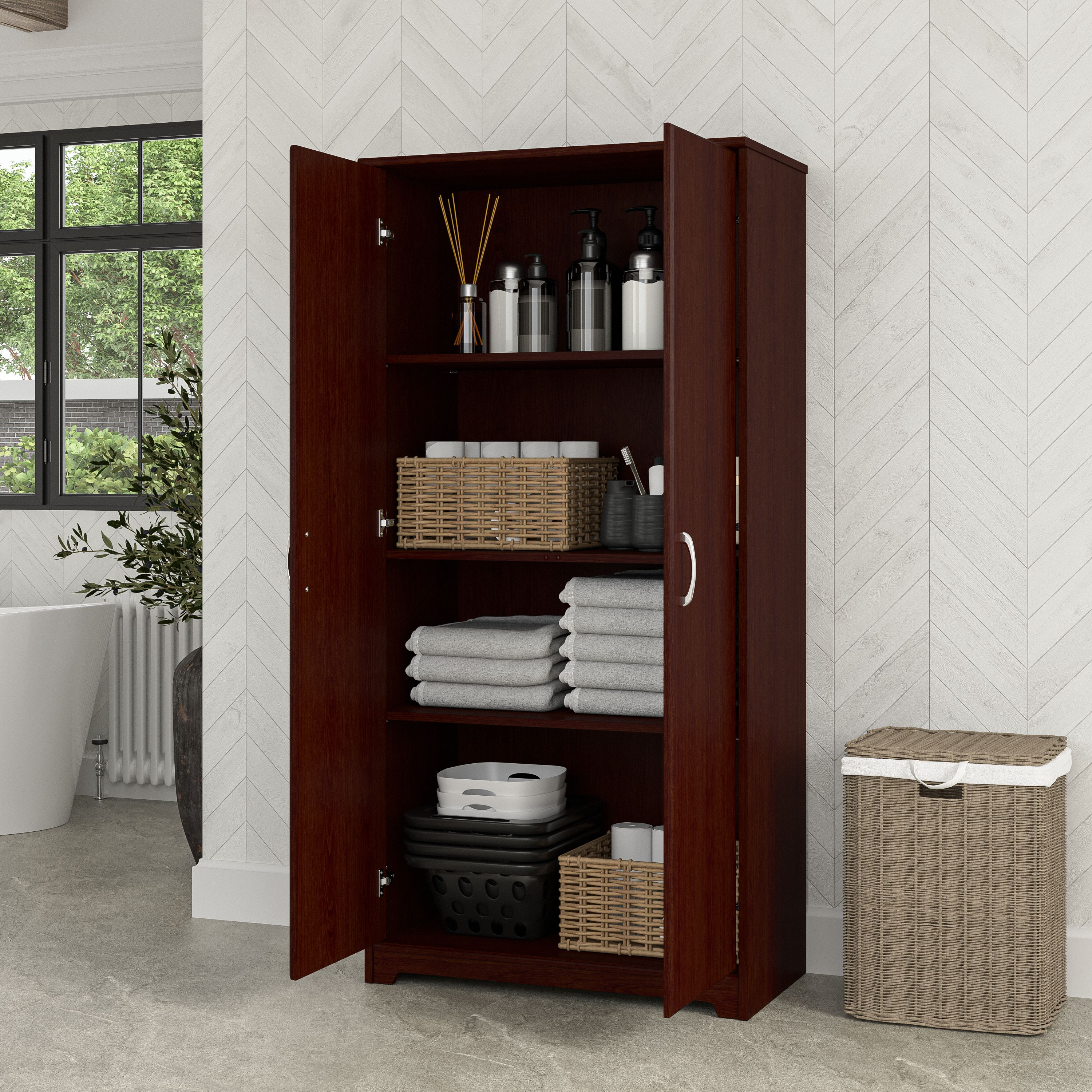 Shop Bush Furniture Cabot Tall Bathroom Storage Cabinet with Doors 03 WC31499-Z1 #color_harvest cherry